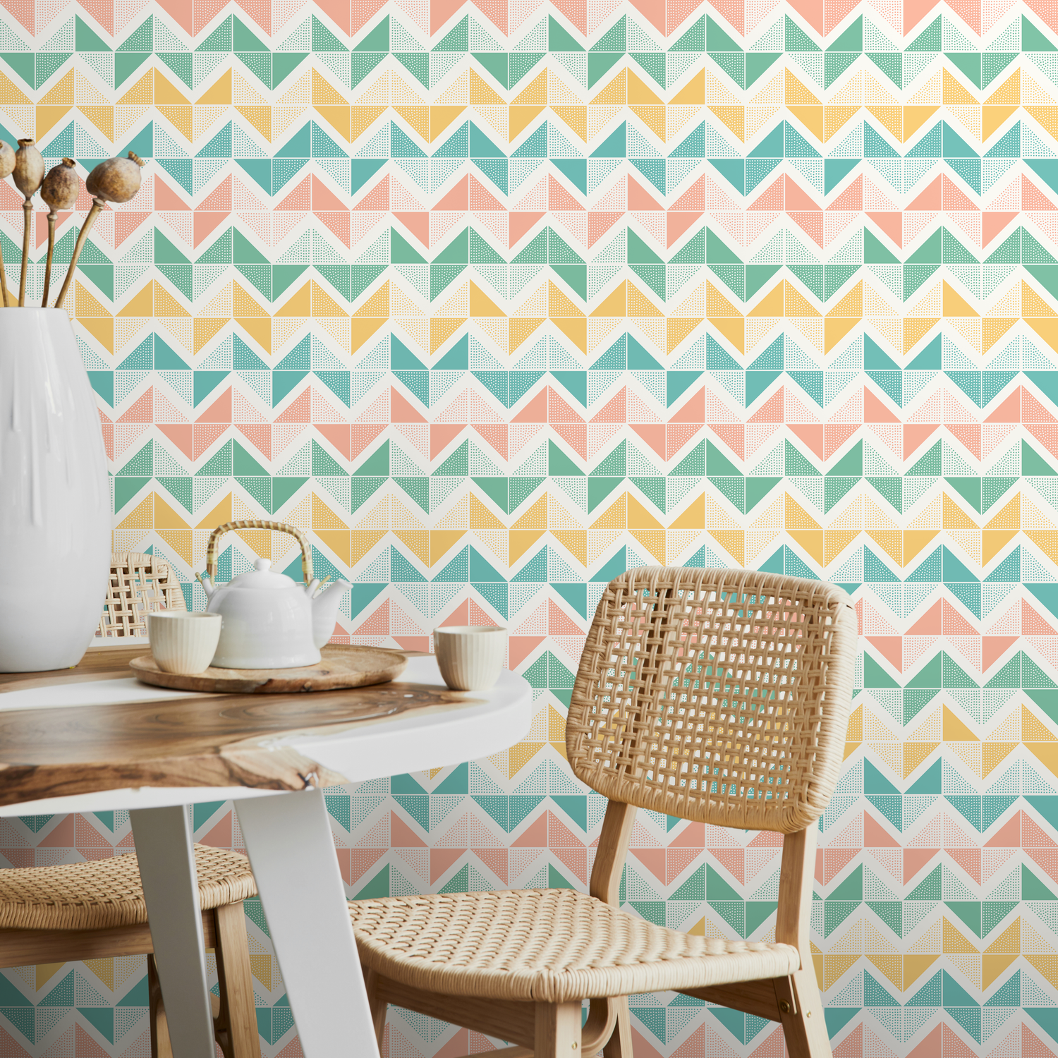 Geometric Wallpaper with Dotted Triangles in Pink, Yellow, and Teal - A639