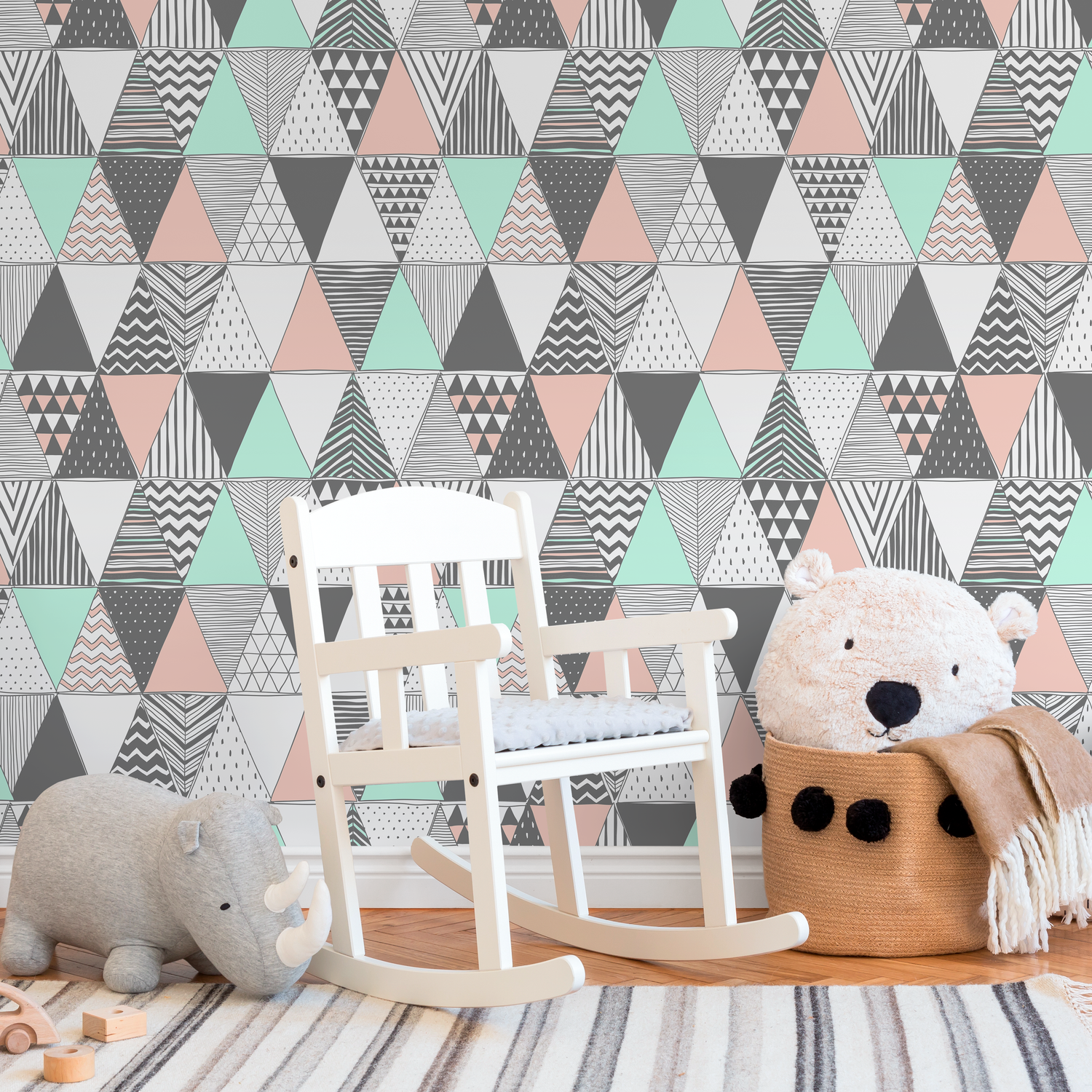 Geometric Wallpaper with a Scandinavian Triangle Pattern in Mint, Pink, and Gray - A647