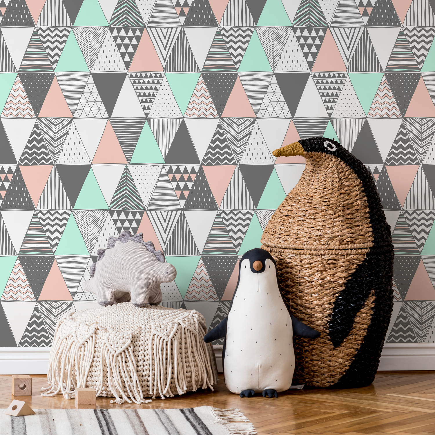 Geometric Wallpaper with a Scandinavian Triangle Pattern in Mint, Pink, and Gray - A647