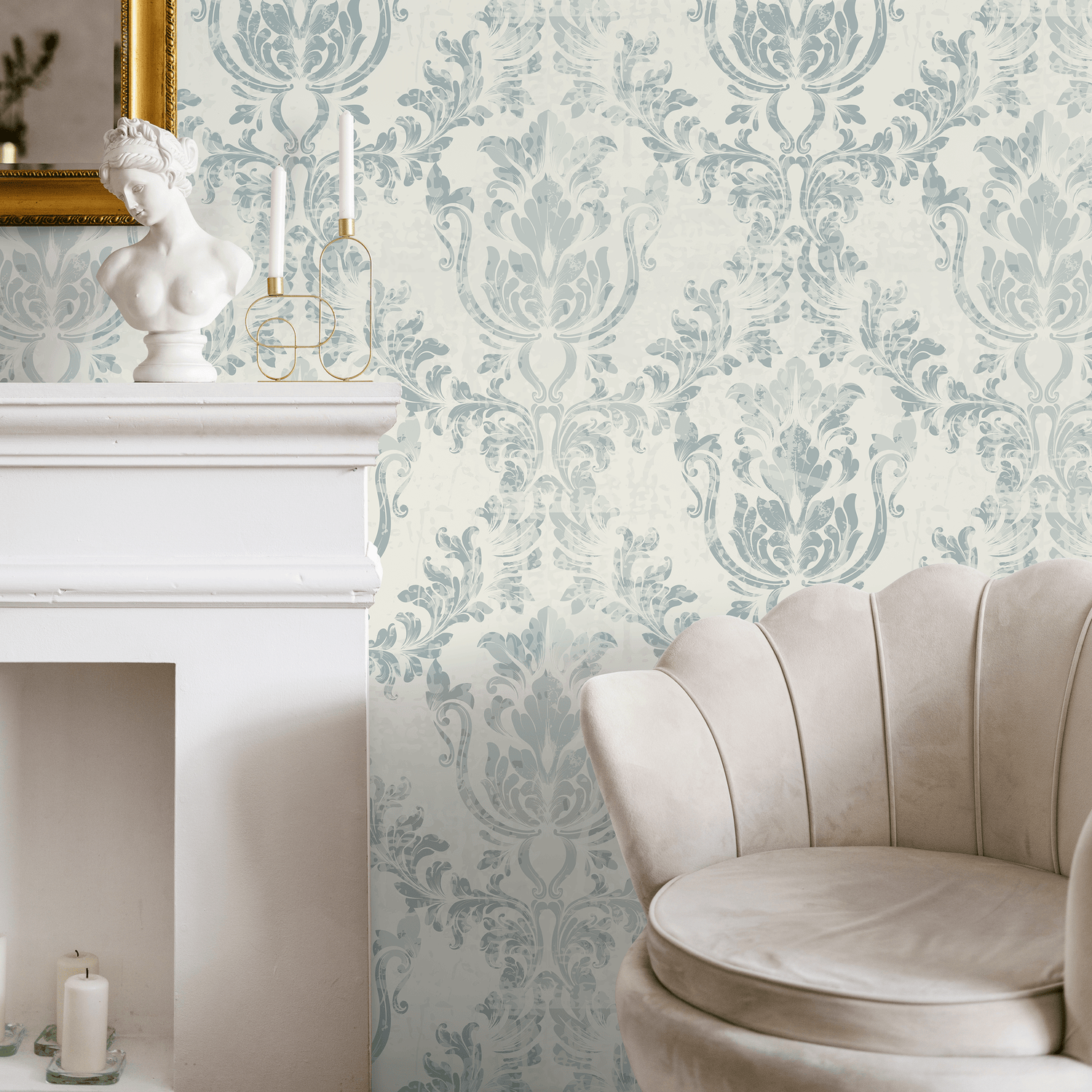 Damask Wallpaper with a Distressed Motif in Blue and Cream - A650