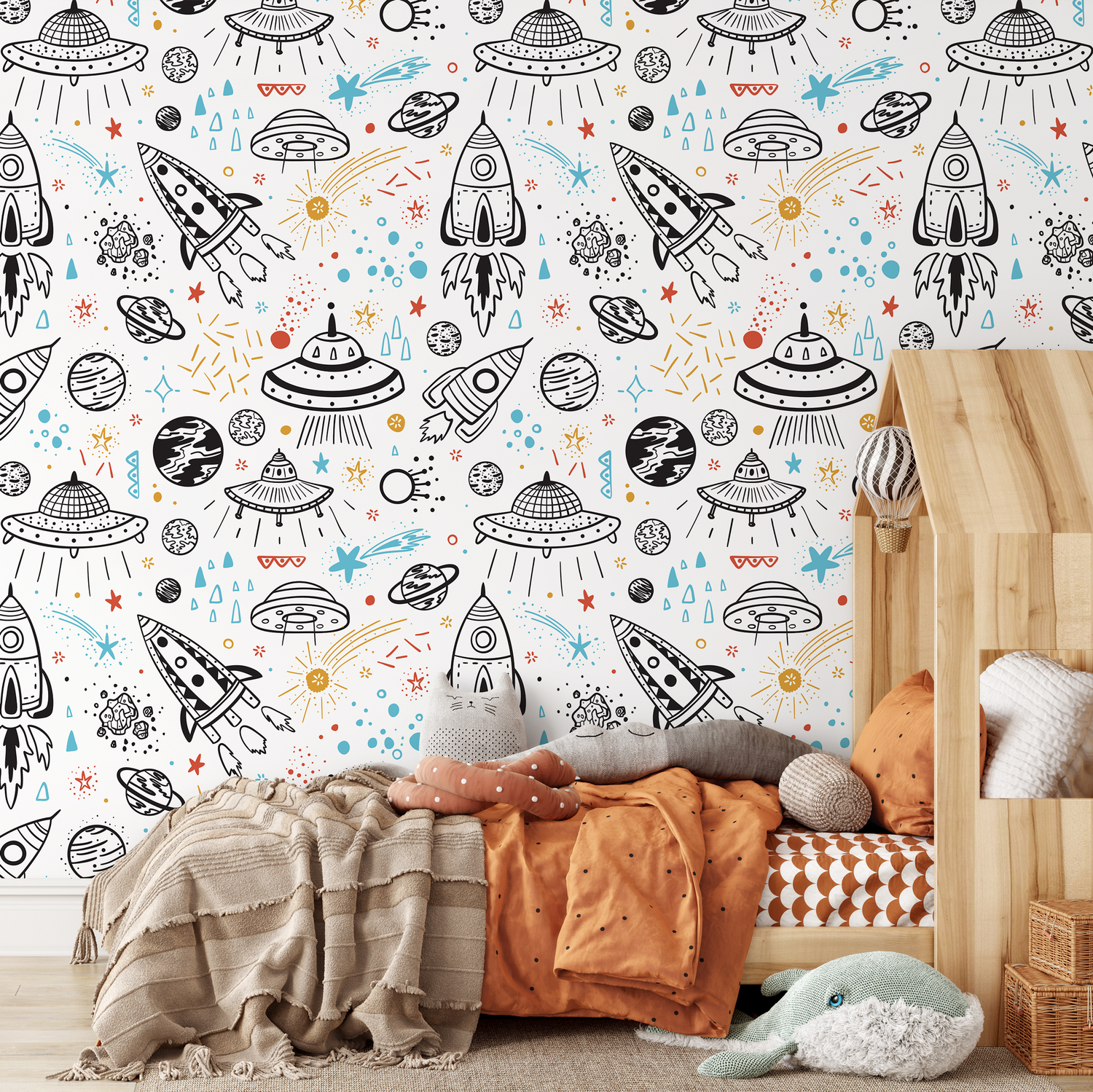 Space Wallpaper with Hand-Drawn Rockets and Planets in Black, Blue, and Red - A654