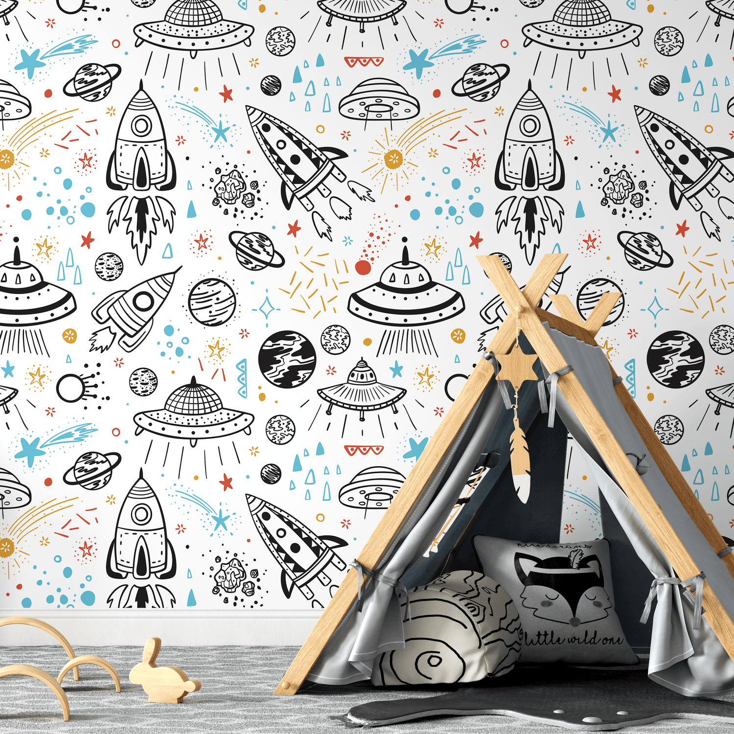 Space Wallpaper with Hand-Drawn Rockets and Planets in Black, Blue, and Red - A654