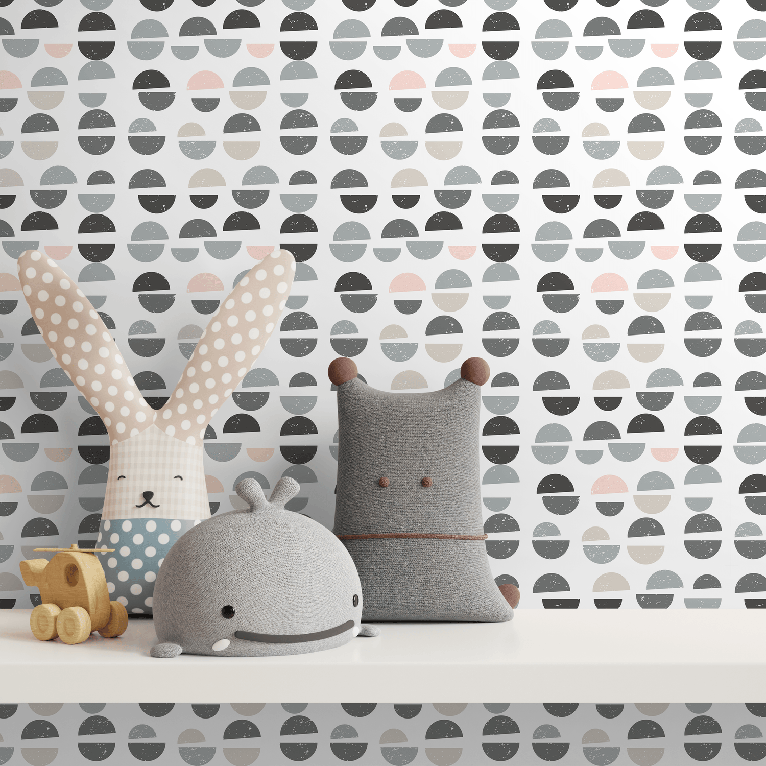 Geometric Wallpaper with Distressed Semi-Circles in Gray, Pink, and Beige - A670