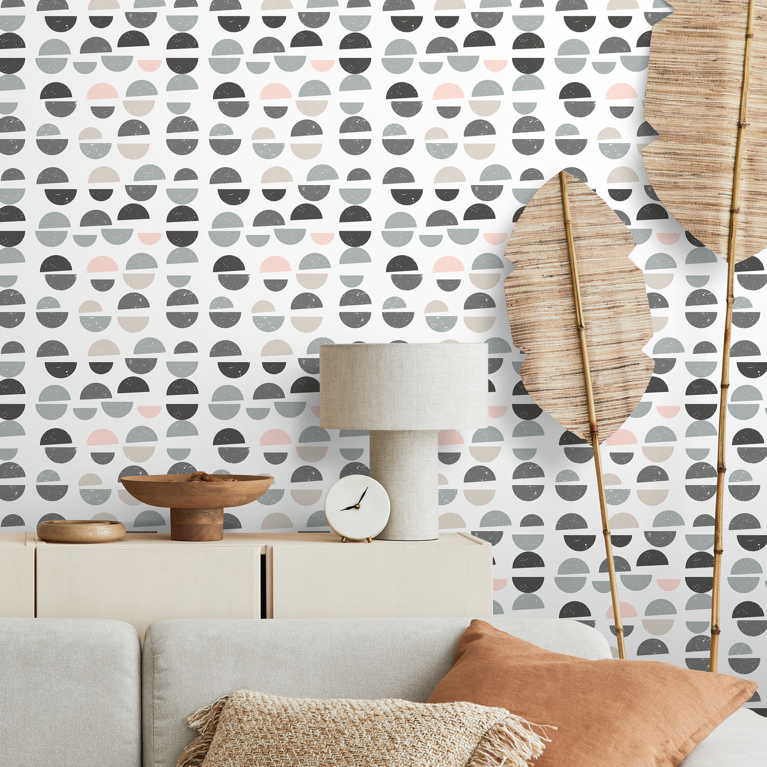 Geometric Wallpaper with Distressed Semi-Circles in Gray, Pink, and Beige - A670