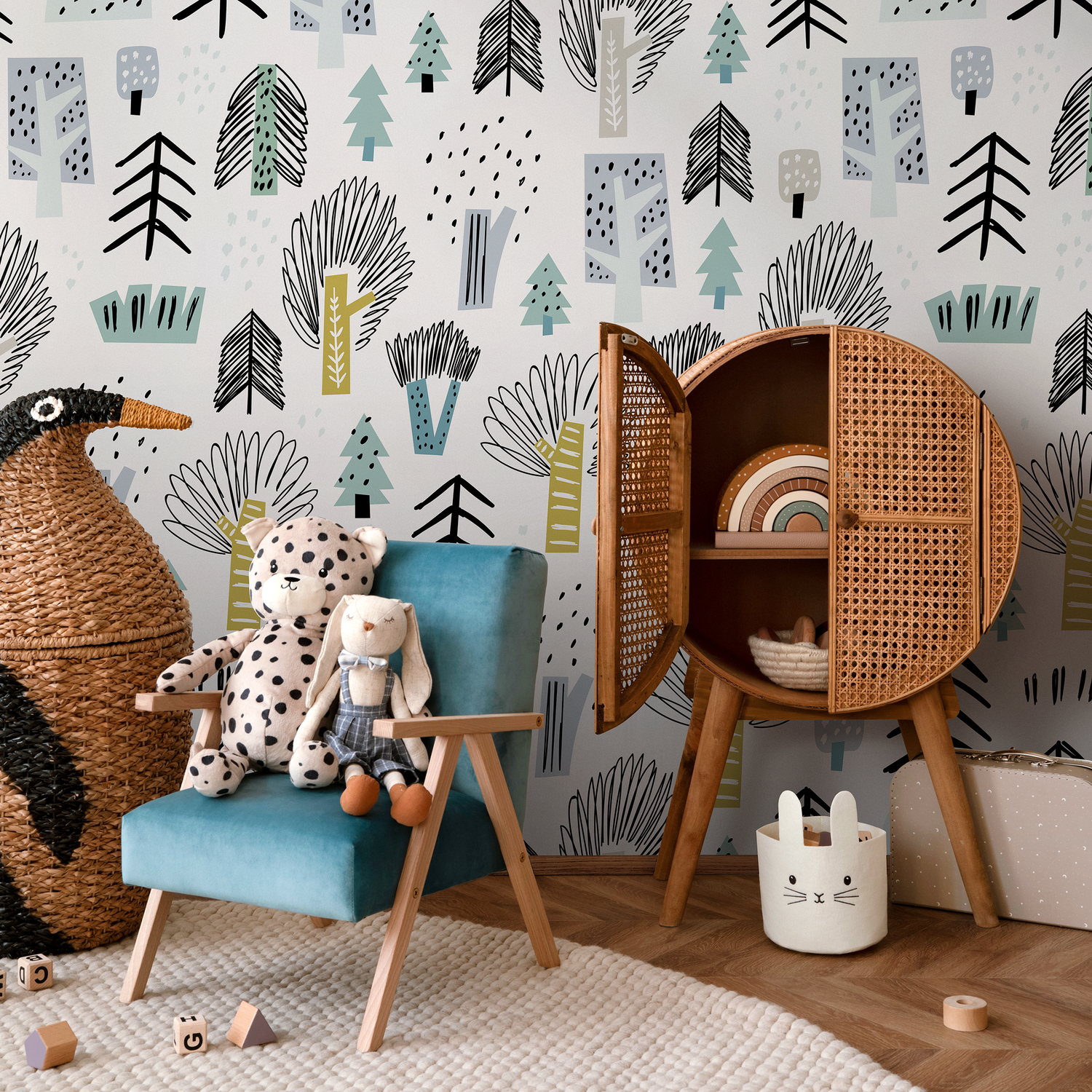 Scandinavian Wallpaper with a Stylized Forest in Black, Green, and Blue - A675