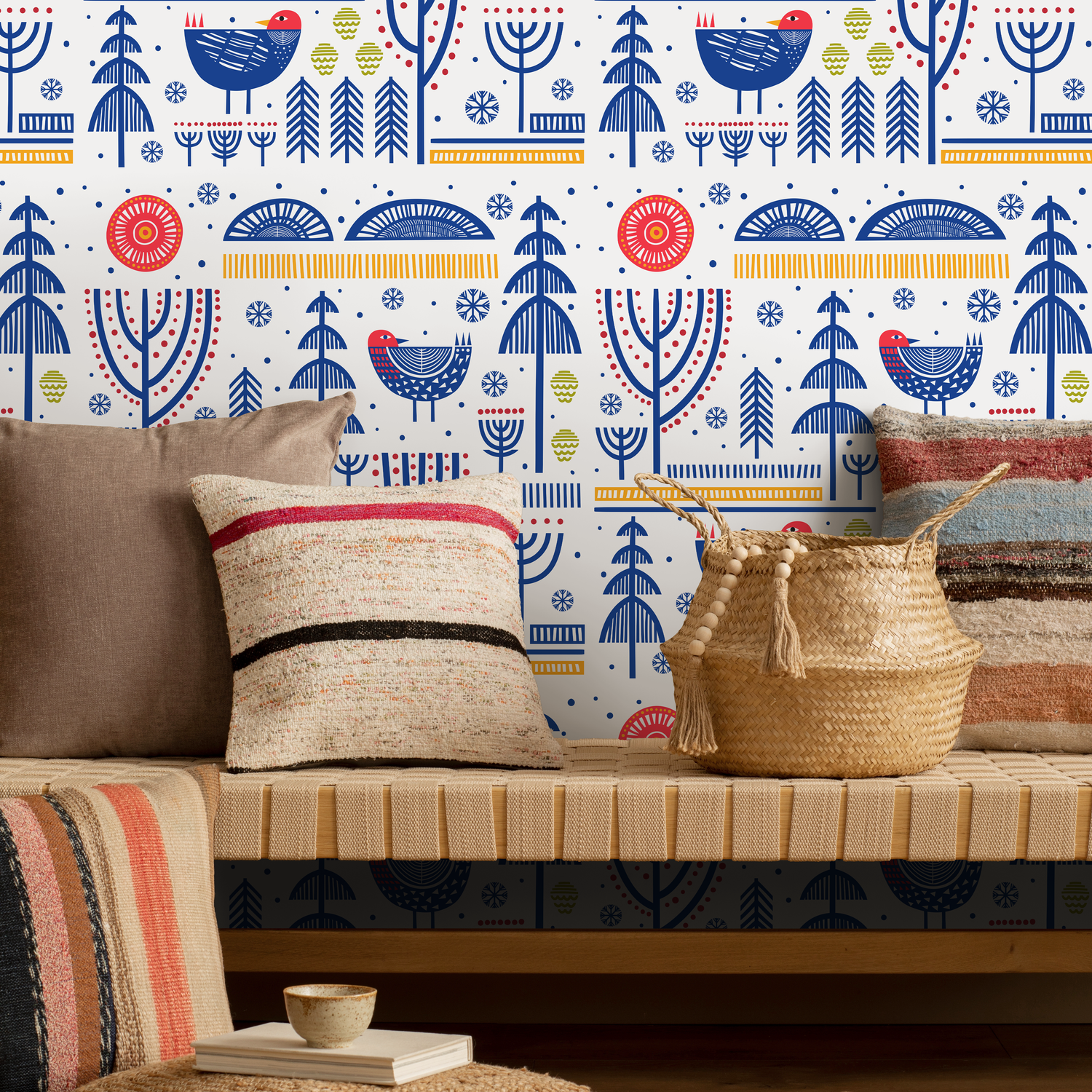 Folk Art Wallpaper with Stylized Birds and Trees in Blue, Red, and Yellow - A683