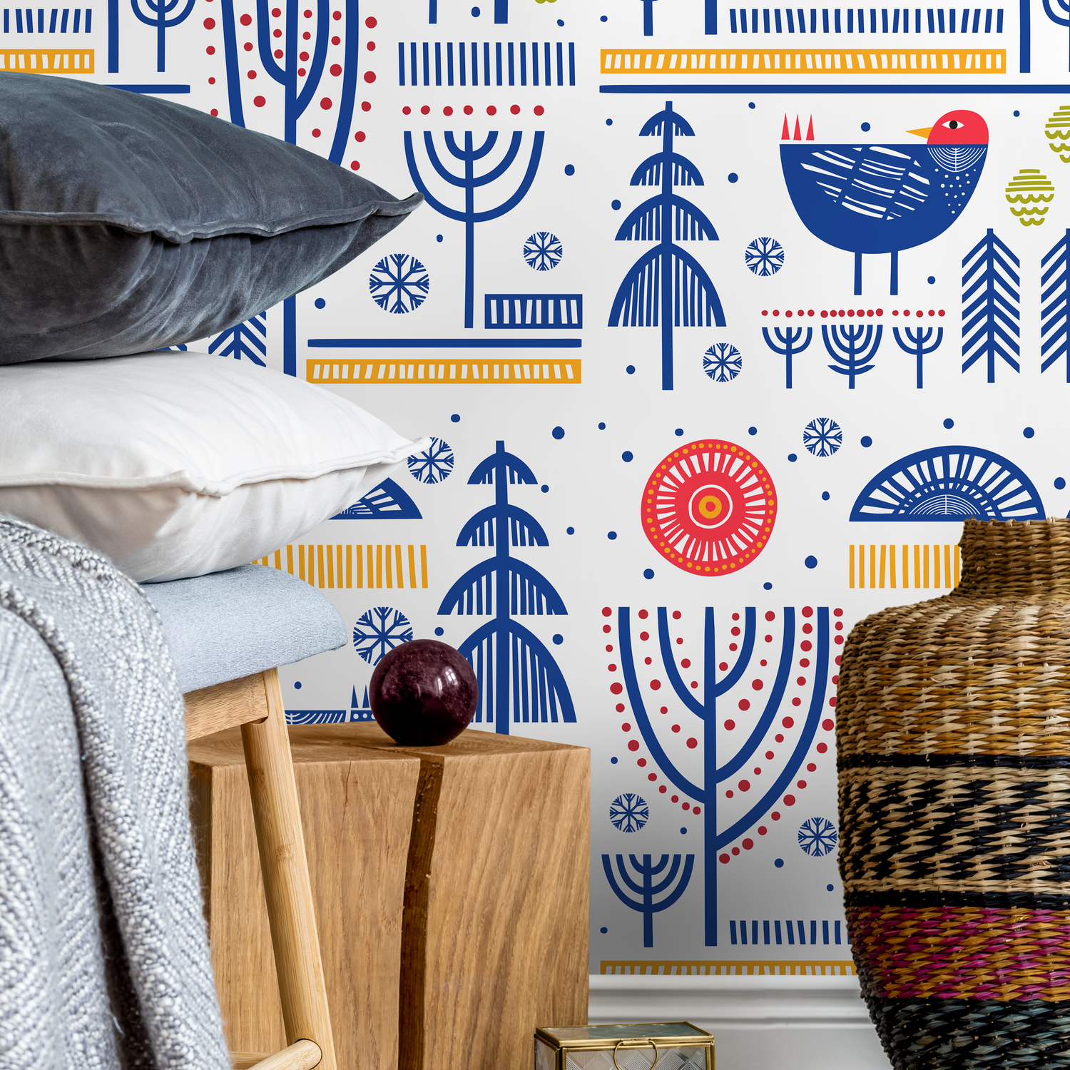 Folk Art Wallpaper with Stylized Birds and Trees in Blue, Red, and Yellow - A683