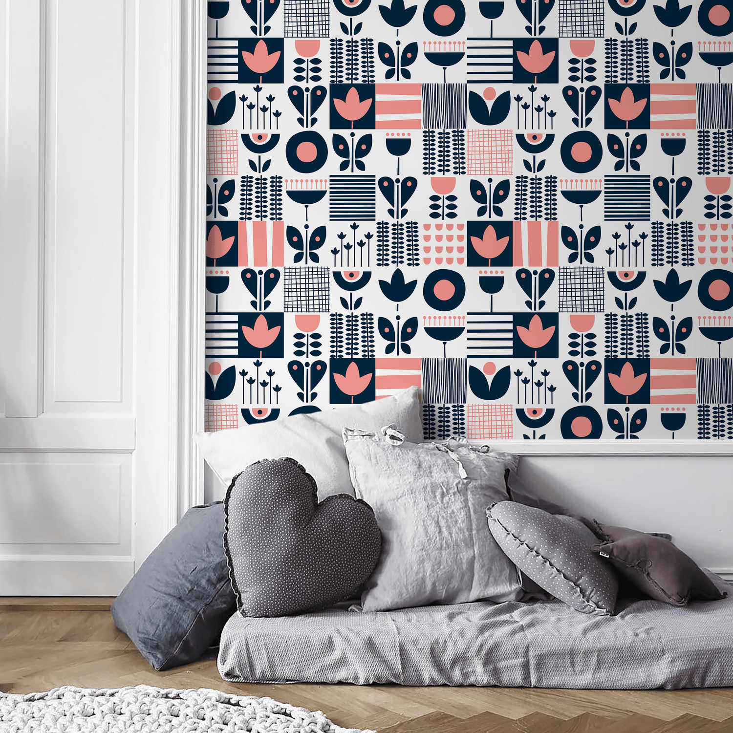 Scandinavian Wallpaper with a Folk Art Patchwork in Navy Blue and Pink - A684