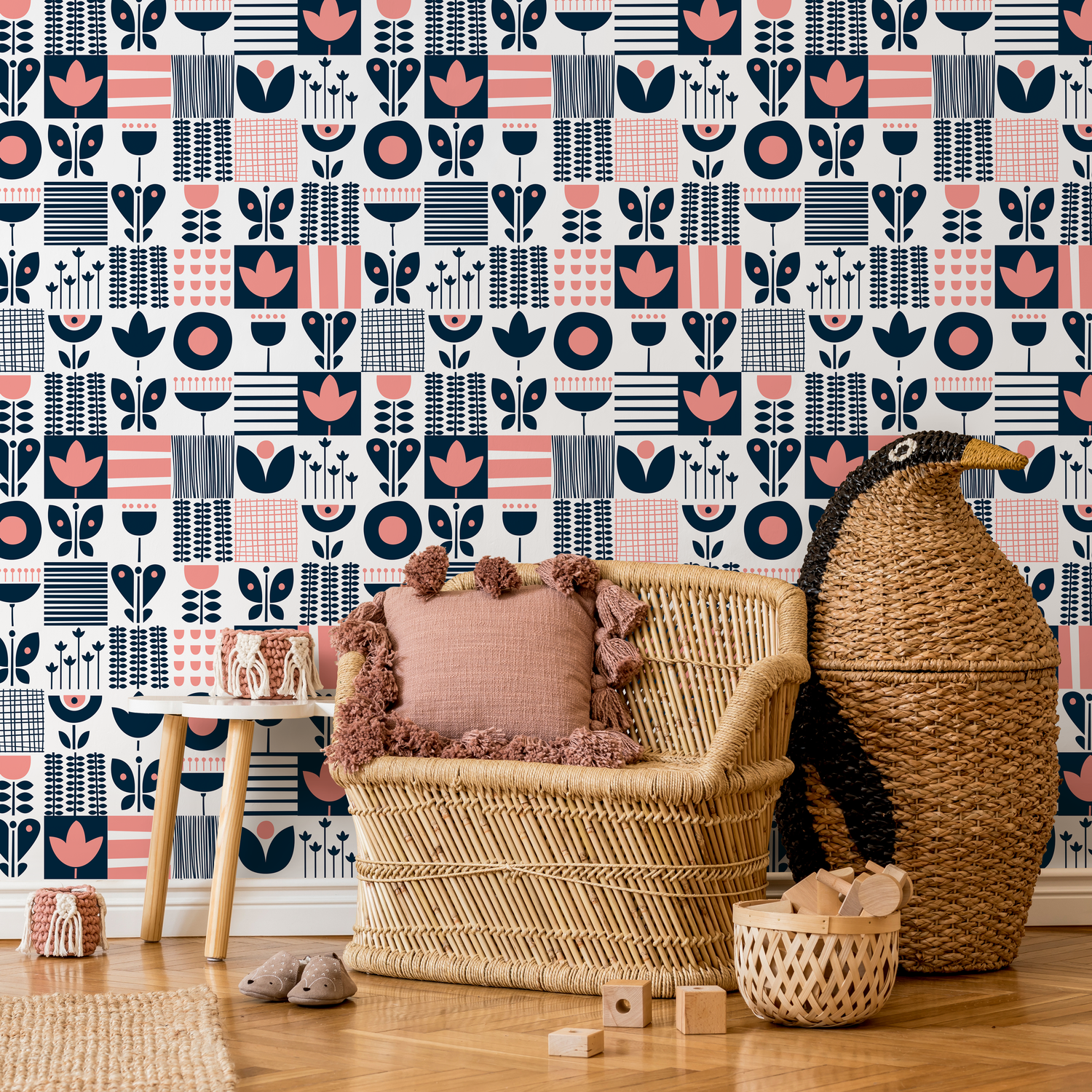 Scandinavian Wallpaper with a Folk Art Patchwork in Navy Blue and Pink - A684