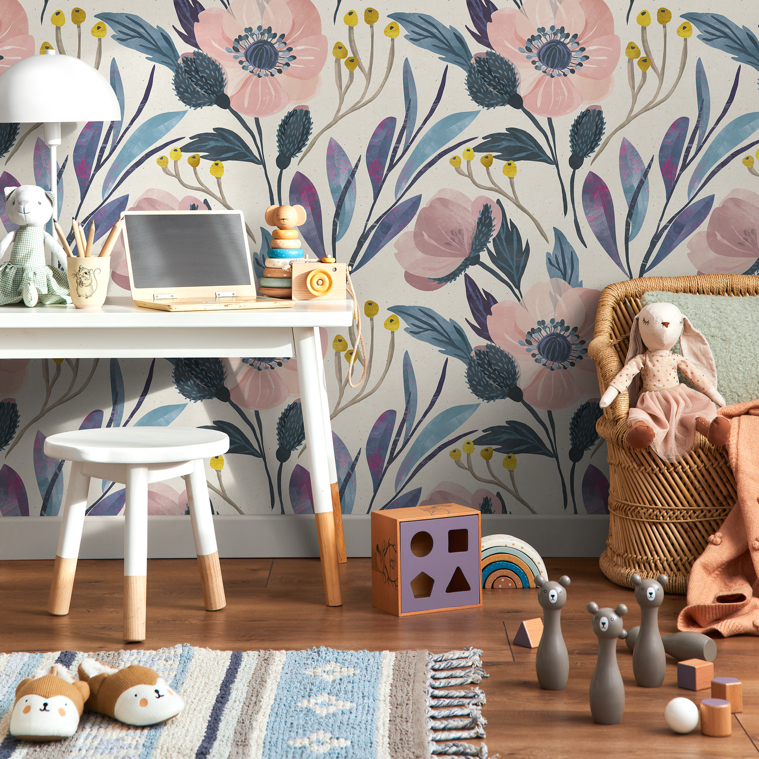Floral Wallpaper with Modern Painted Anemones in Pink, Blue, and Yellow - A696