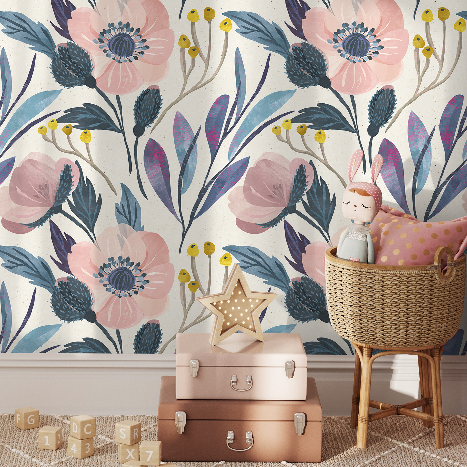Floral Wallpaper with Modern Painted Anemones in Pink, Blue, and Yellow - A696
