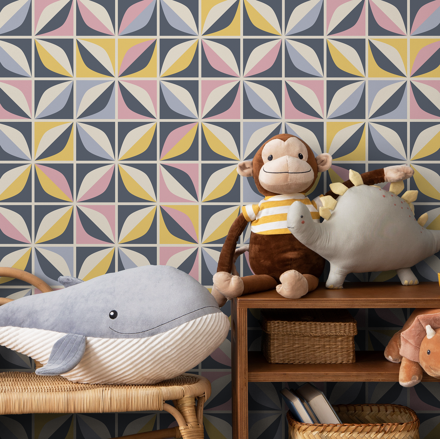 Geometric Wallpaper with a Tiled Petal Motif in Blue, Yellow, and Pink - A731
