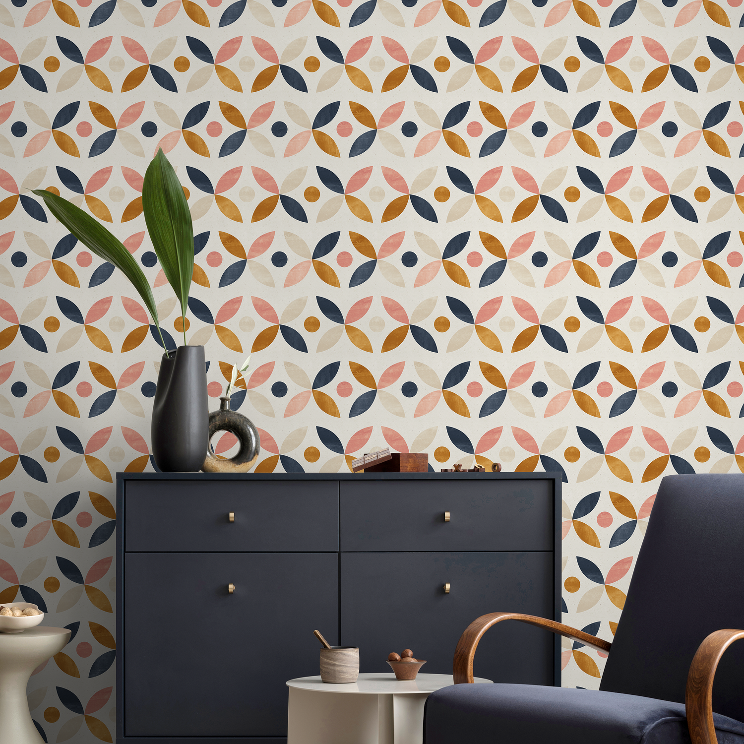 Geometric Wallpaper with an Interlocking Petal Motif in Navy Blue, Pink, and Mustard - A733