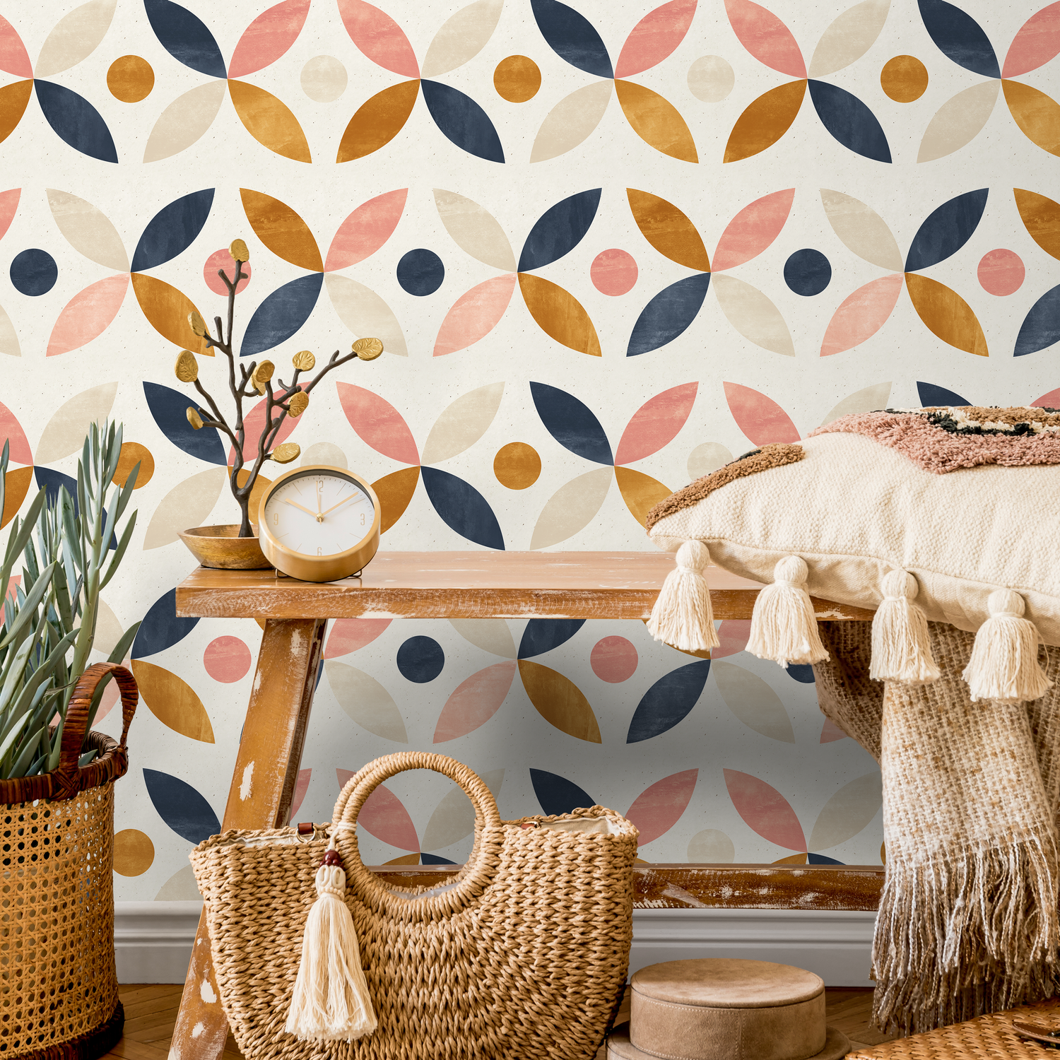 Geometric Wallpaper with an Interlocking Petal Motif in Navy Blue, Pink, and Mustard - A733