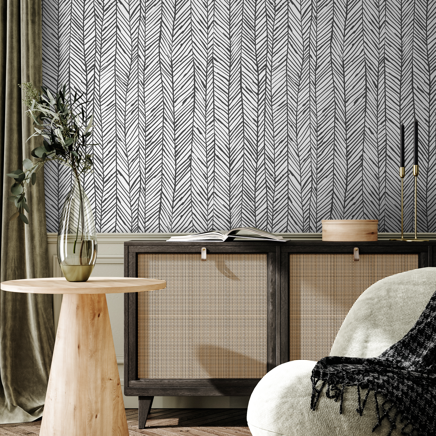 Scandinavian Wallpaper with a Hand-Drawn Herringbone Motif in Black and White - A738