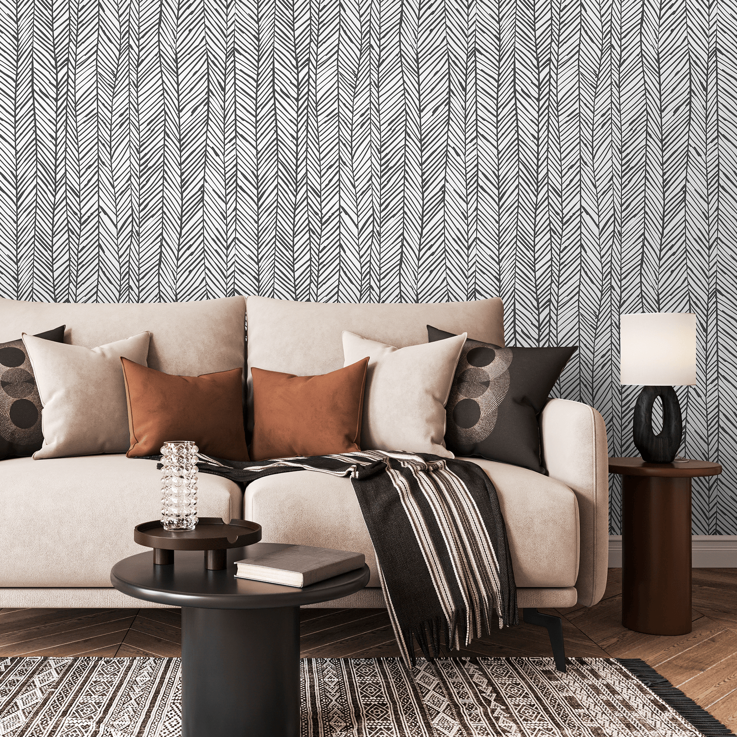 Scandinavian Wallpaper with a Hand-Drawn Herringbone Motif in Black and White - A738