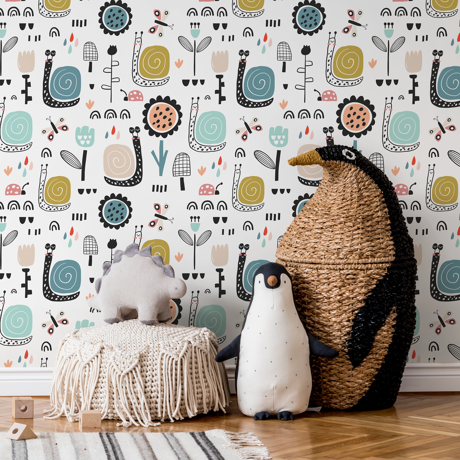 Papier peint décoratif mural, papier peint autocollant, papier peint amovible, décoration d'intérieur, art mural, décoration de chambre / papier peint floral escargot pour enfants - A742