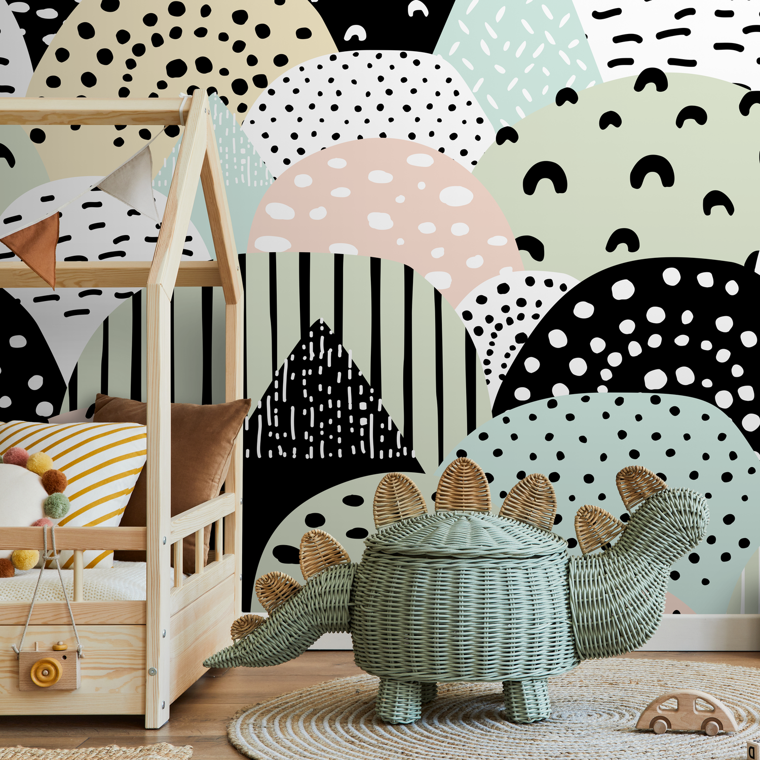 Abstract Wallpaper with Playful Shapes and Patterns in Black, Green, and Pink - A746