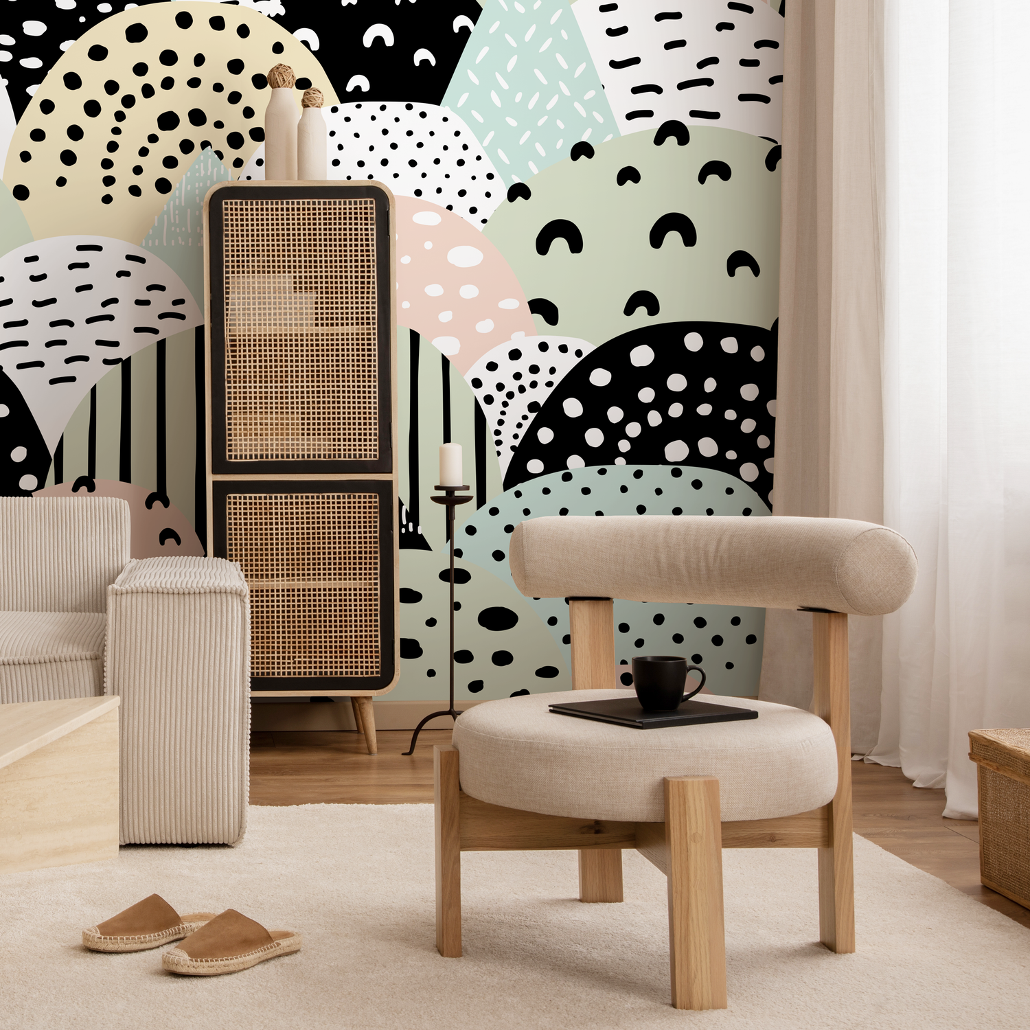 Abstract Wallpaper with Playful Shapes and Patterns in Black, Green, and Pink - A746