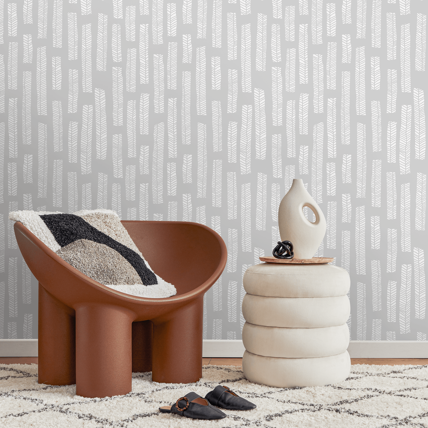 Scandinavian Wallpaper with a Herringbone Column Motif in Gray and White - A749