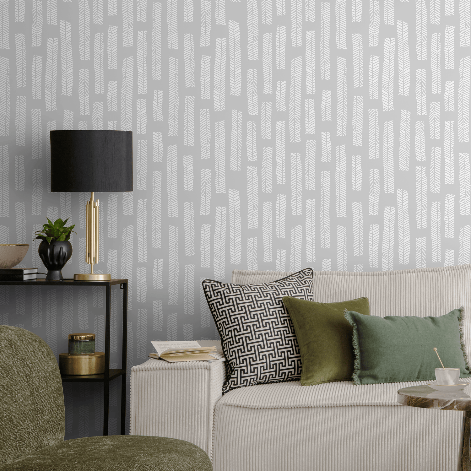 Scandinavian Wallpaper with a Herringbone Column Motif in Gray and White - A749