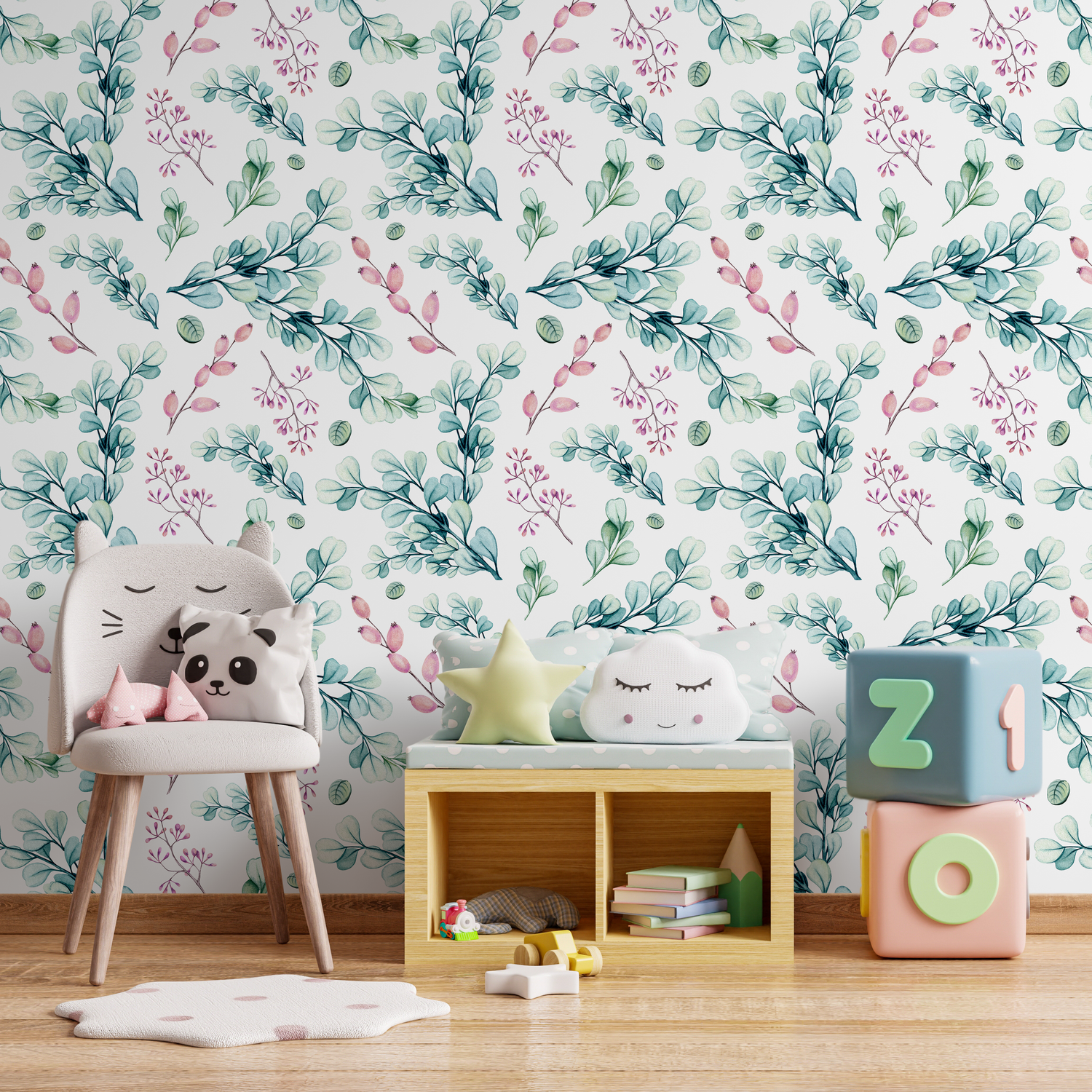 Botanical Wallpaper Featuring Watercolor Eucalyptus Leaves in Green and Pink - A758