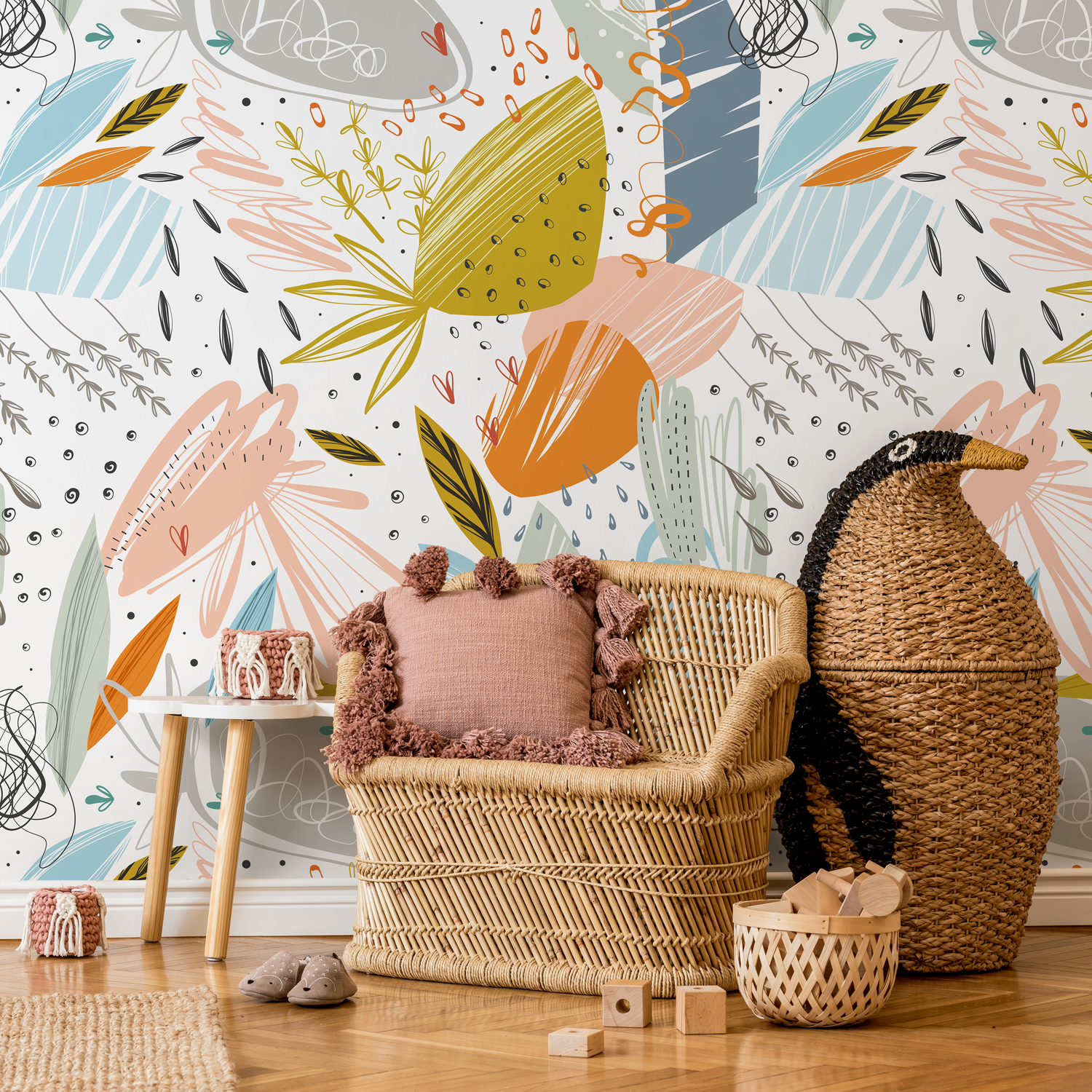 Scandinavian Wallpaper with an Abstract Botanical Collage in Orange, Blue, and Pink - A778