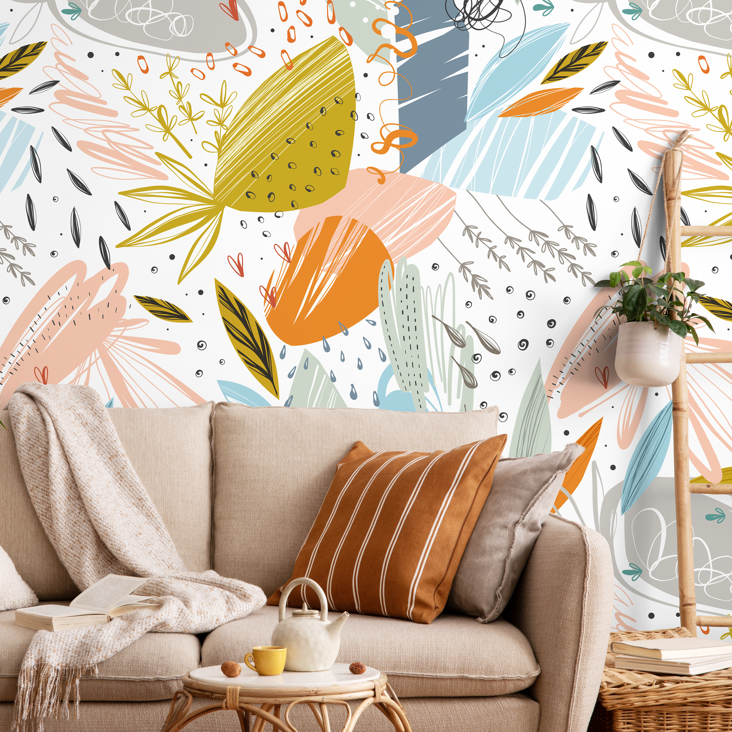 Scandinavian Wallpaper with an Abstract Botanical Collage in Orange, Blue, and Pink - A778