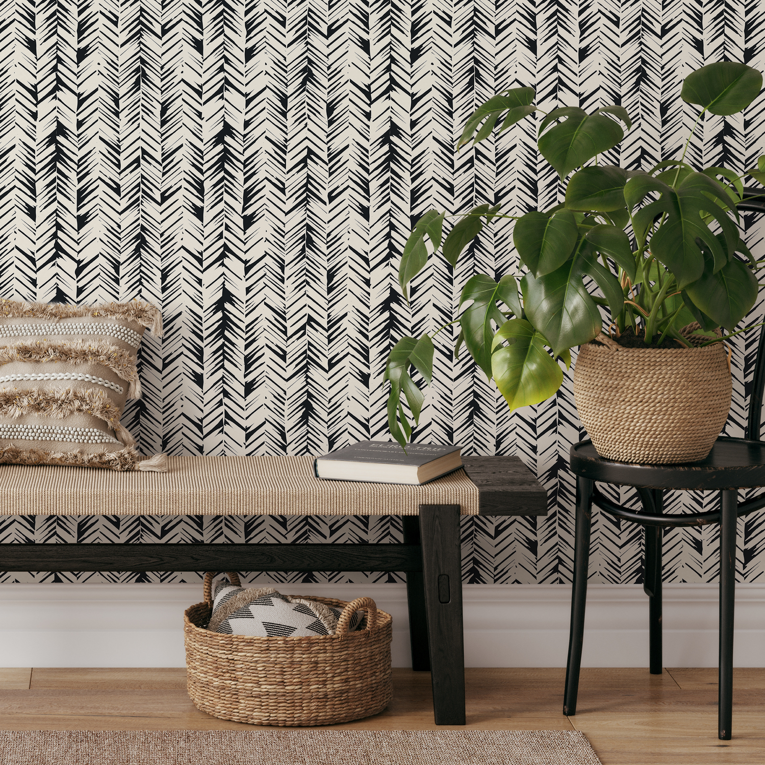 Scandinavian Wallpaper with a Hand-Drawn Chevron in Black and Cream - A780