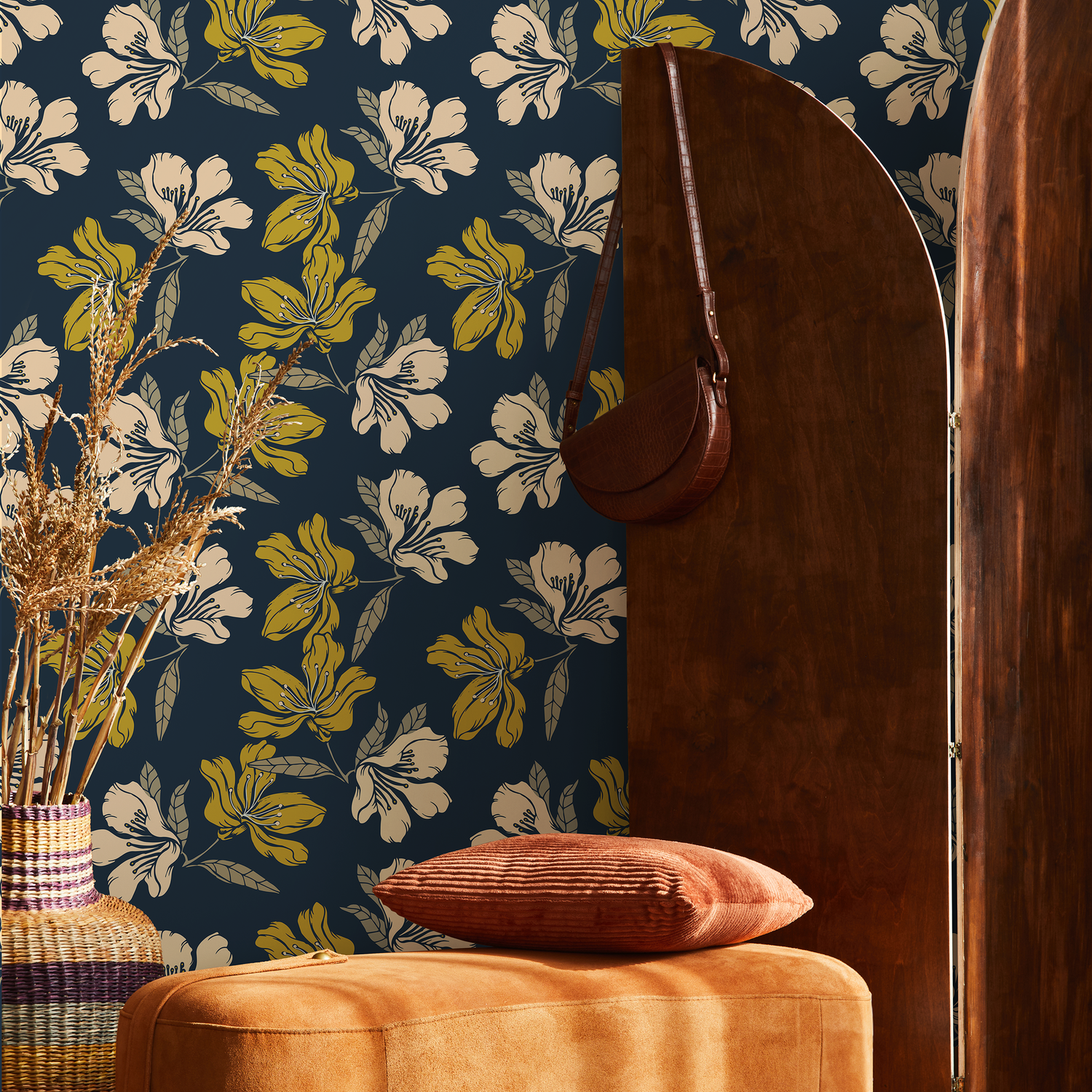 Floral Wallpaper with Stylized Blooms in Blue, Green, and Beige - A783