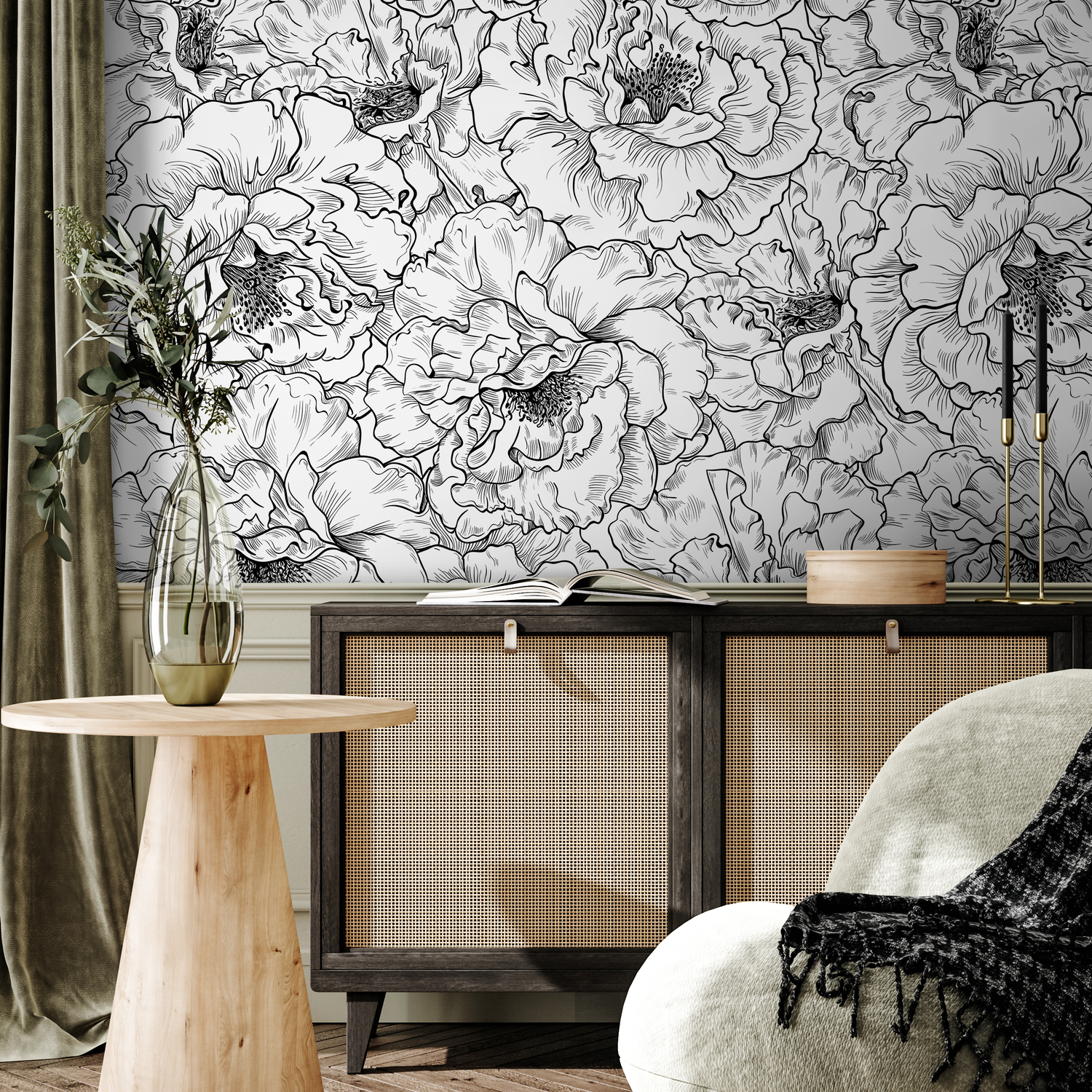 Floral Wallpaper with Hand-Drawn Peonies in Black and White - A788