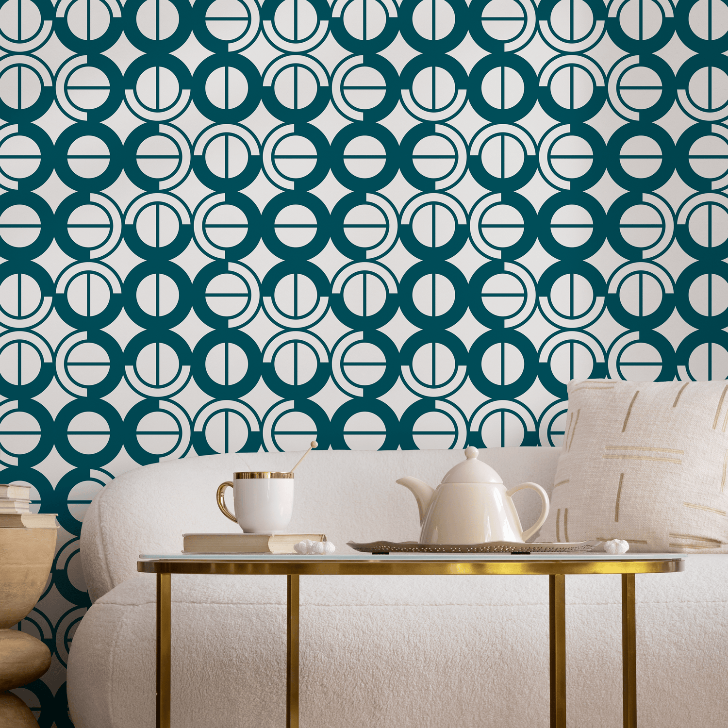 Art Deco Wallpaper with a Geometric Circle Motif in Teal and White - A795