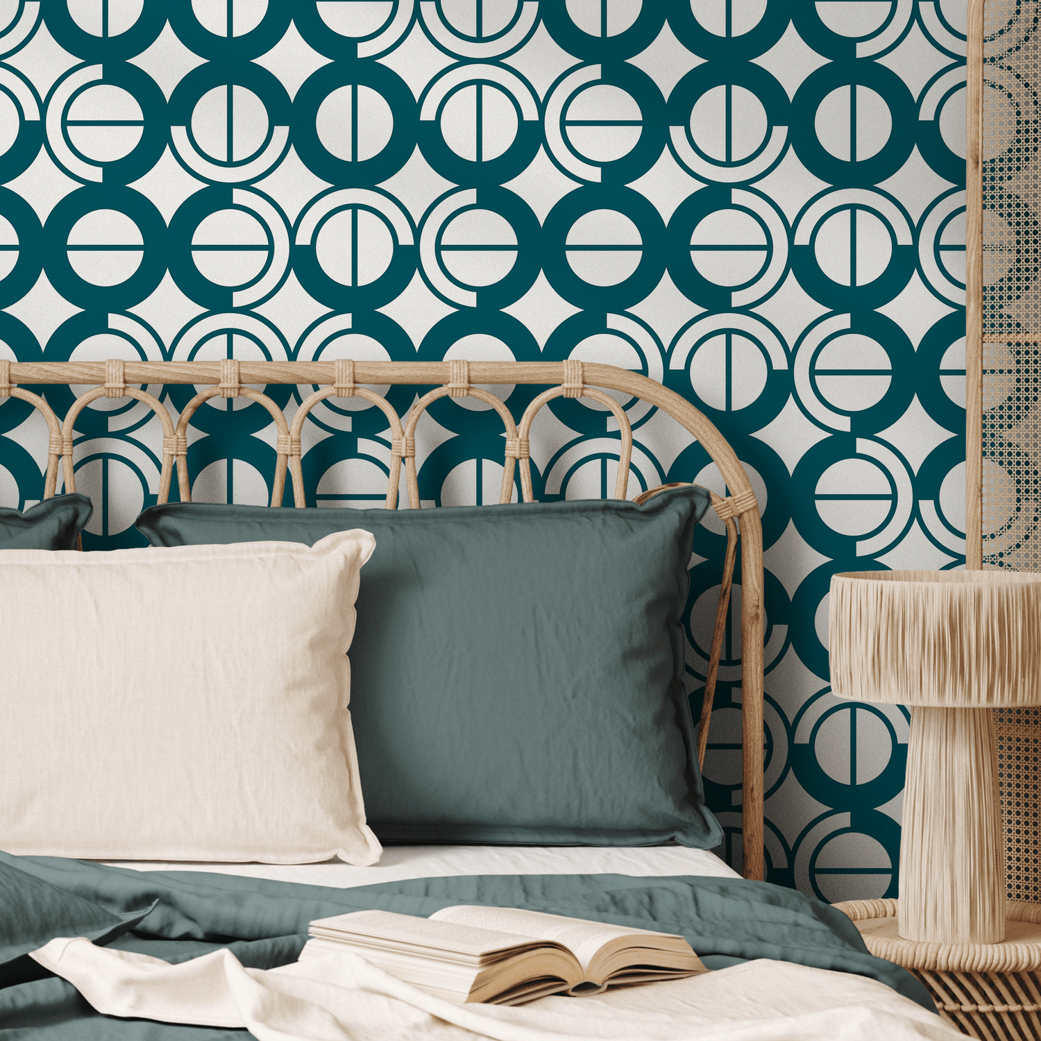 Art Deco Wallpaper with a Geometric Circle Motif in Teal and White - A795