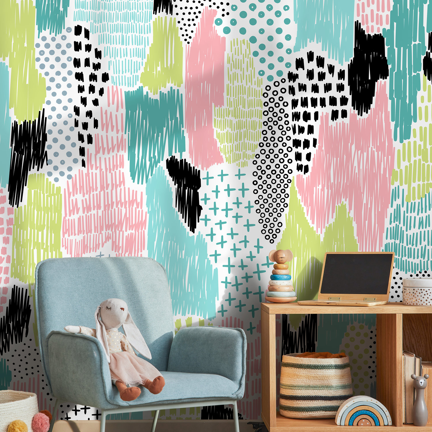 Abstract Wallpaper with Hand-Drawn Scribbles in Pink, Blue, Green, and Black - A822