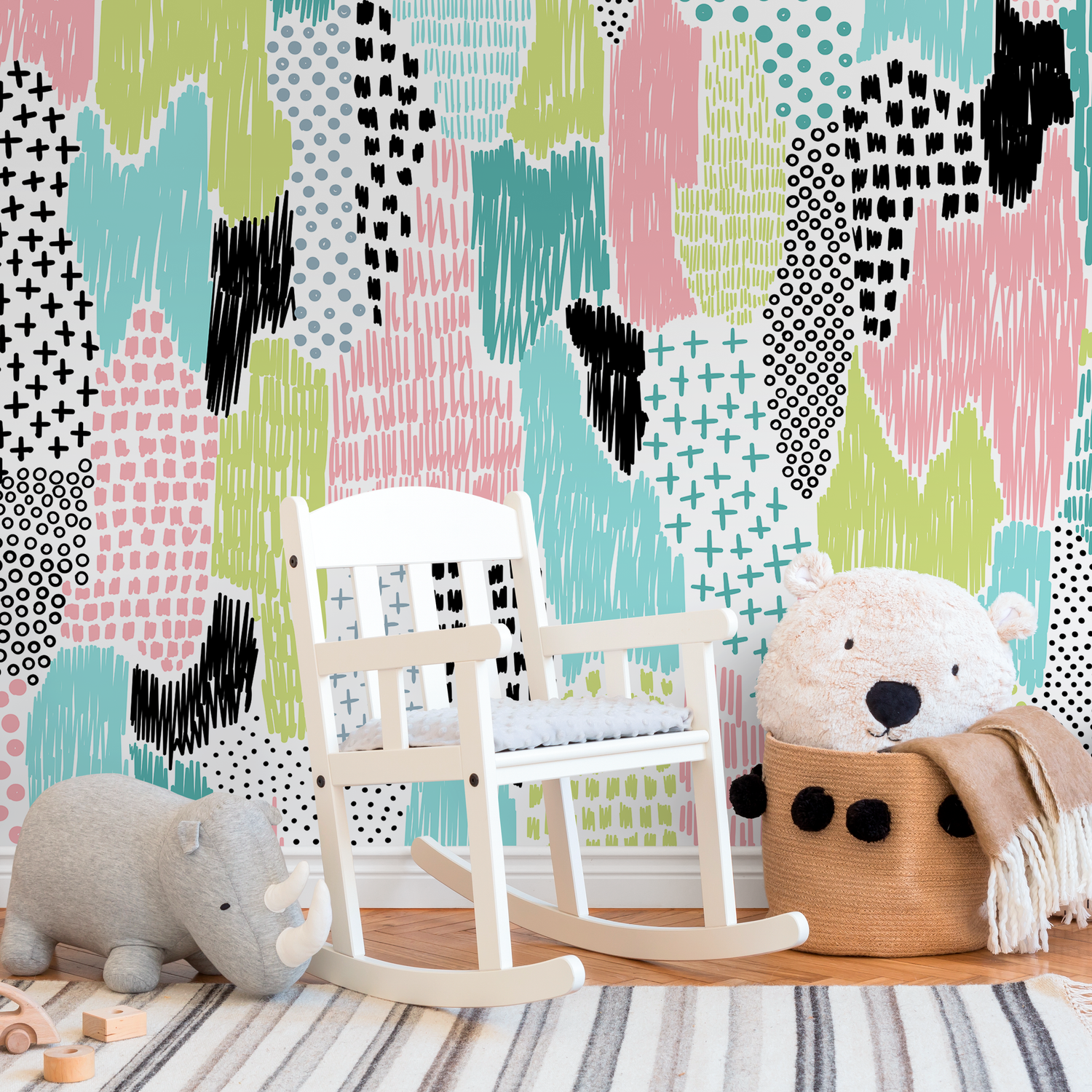 Abstract Wallpaper with Hand-Drawn Scribbles in Pink, Blue, Green, and Black - A822