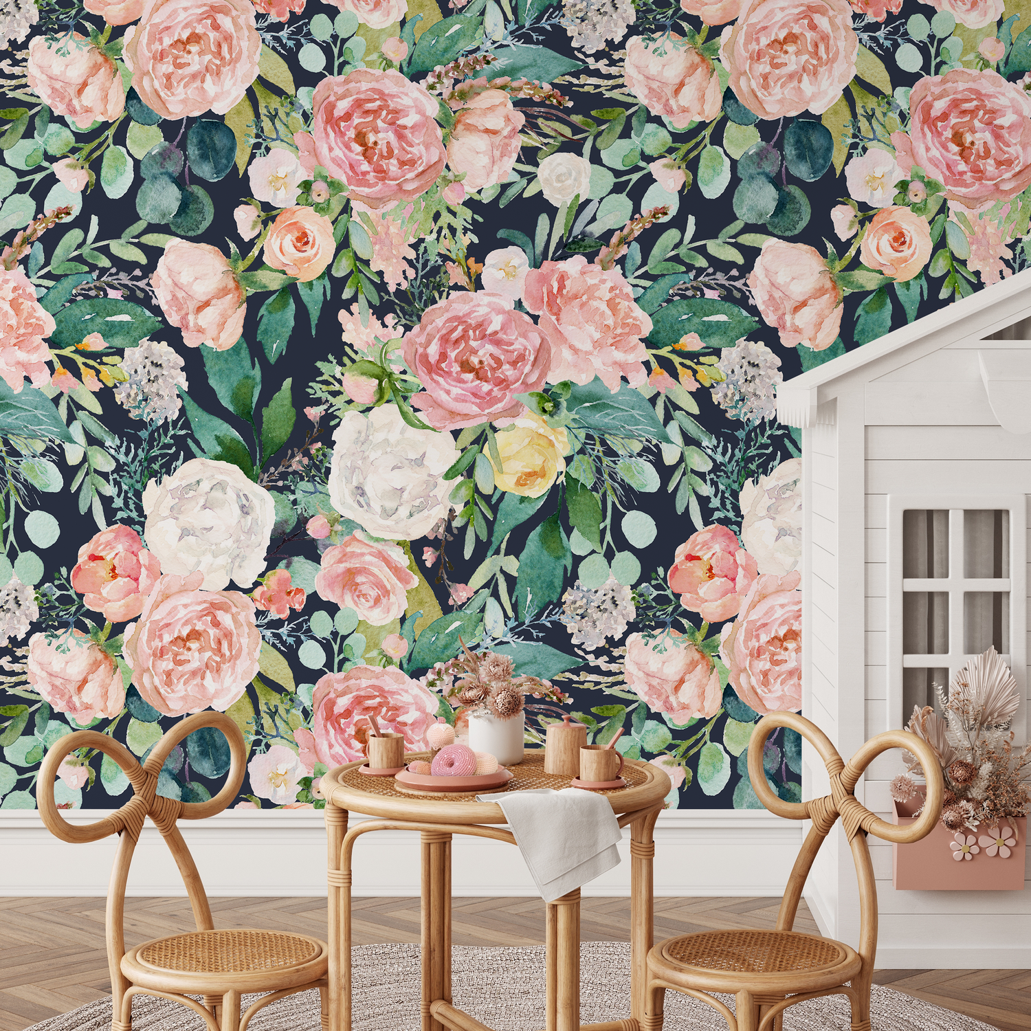 Floral Wallpaper featuring Watercolor Peonies in Pink, Green, and Yellow - A827
