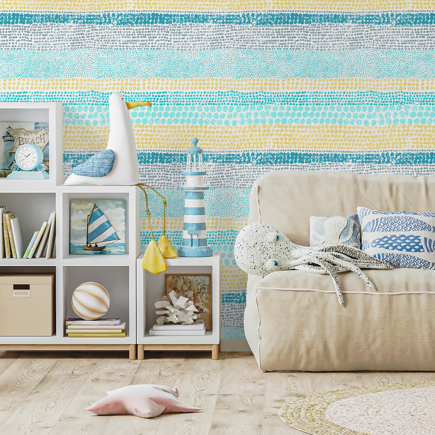 Scandinavian Wallpaper with a Striped Dot Motif in Blue, Yellow, and Gray - A830