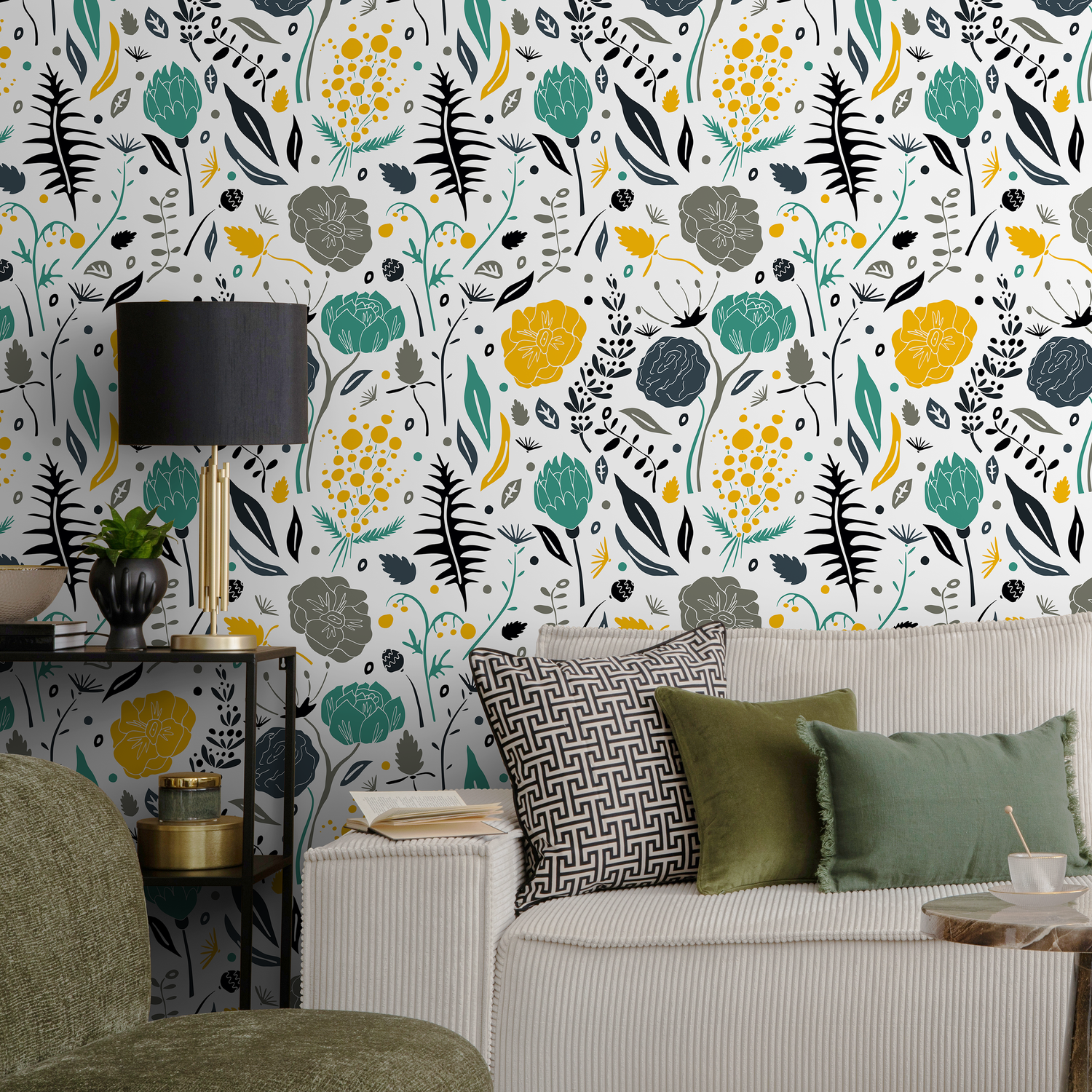 Scandinavian Wallpaper with Stylized Flowers in Yellow, Teal, and Gray - A861