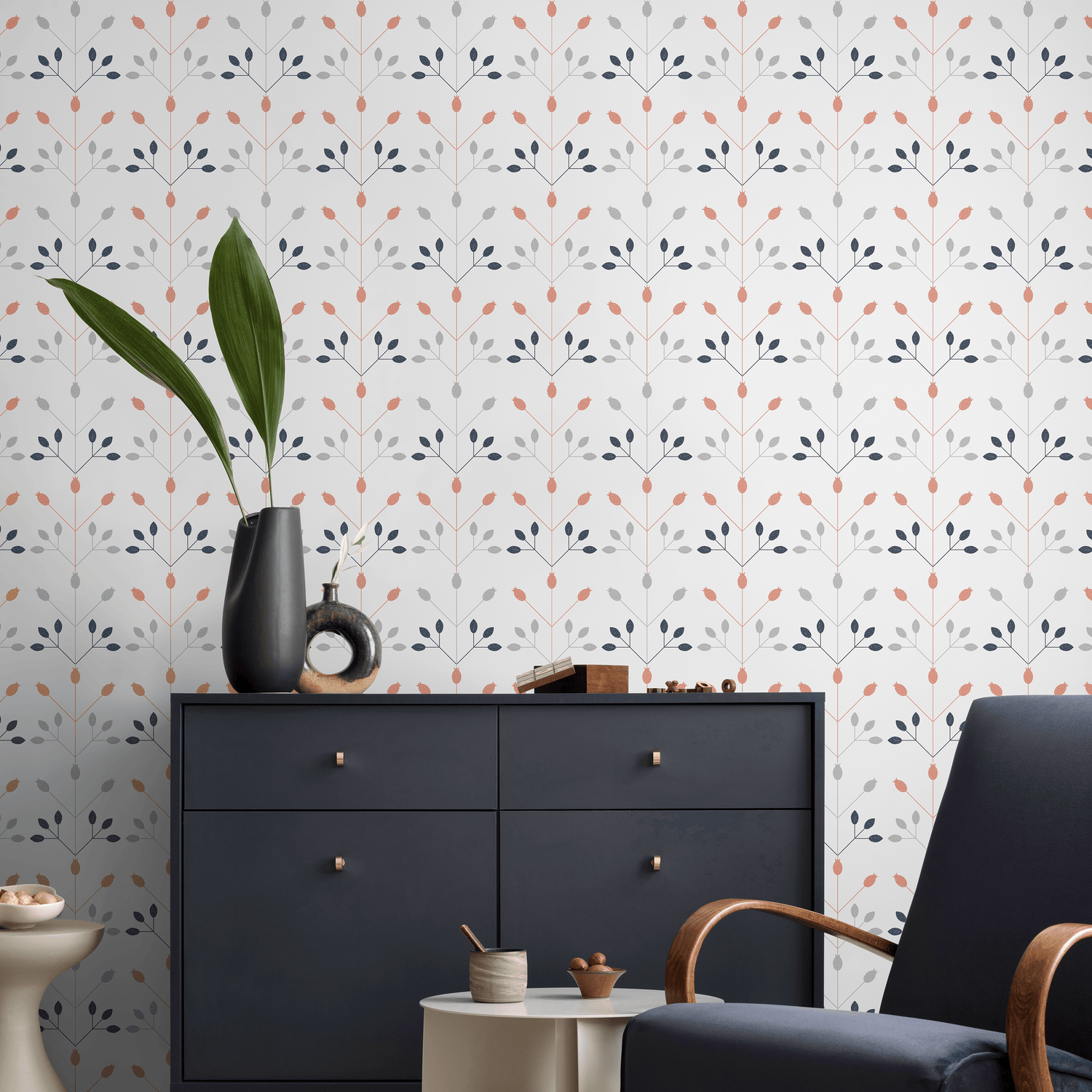 Scandinavian Wallpaper with a Geometric Floral Motif in Coral, Blue, and Gray - A873