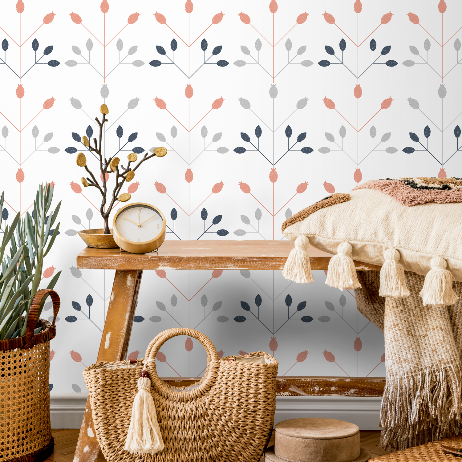 Scandinavian Wallpaper with a Geometric Floral Motif in Coral, Blue, and Gray - A873