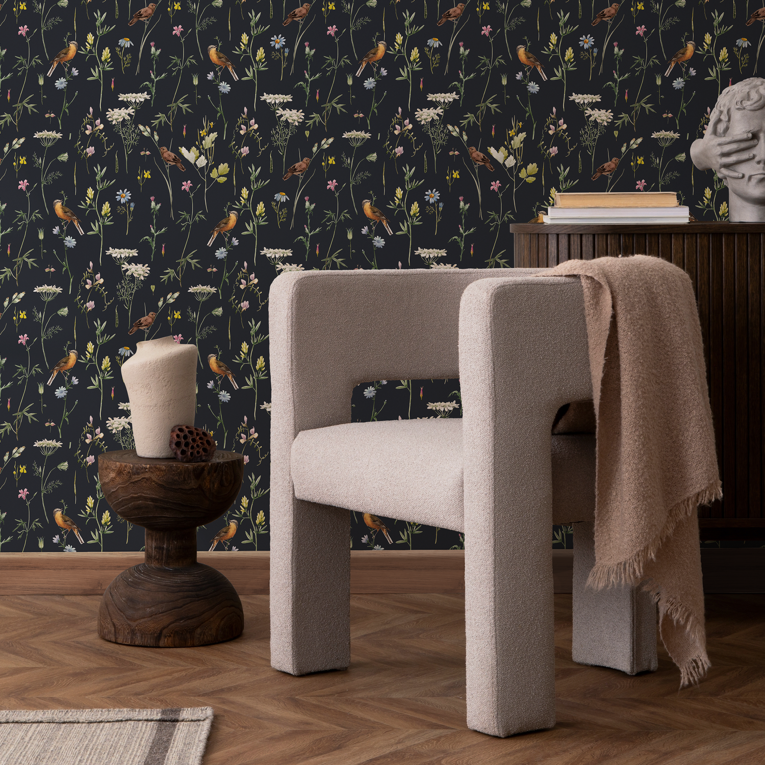 Chinoiserie Wallpaper with a Wildflower and Bird Motif in Black, White, and Yellow - A917