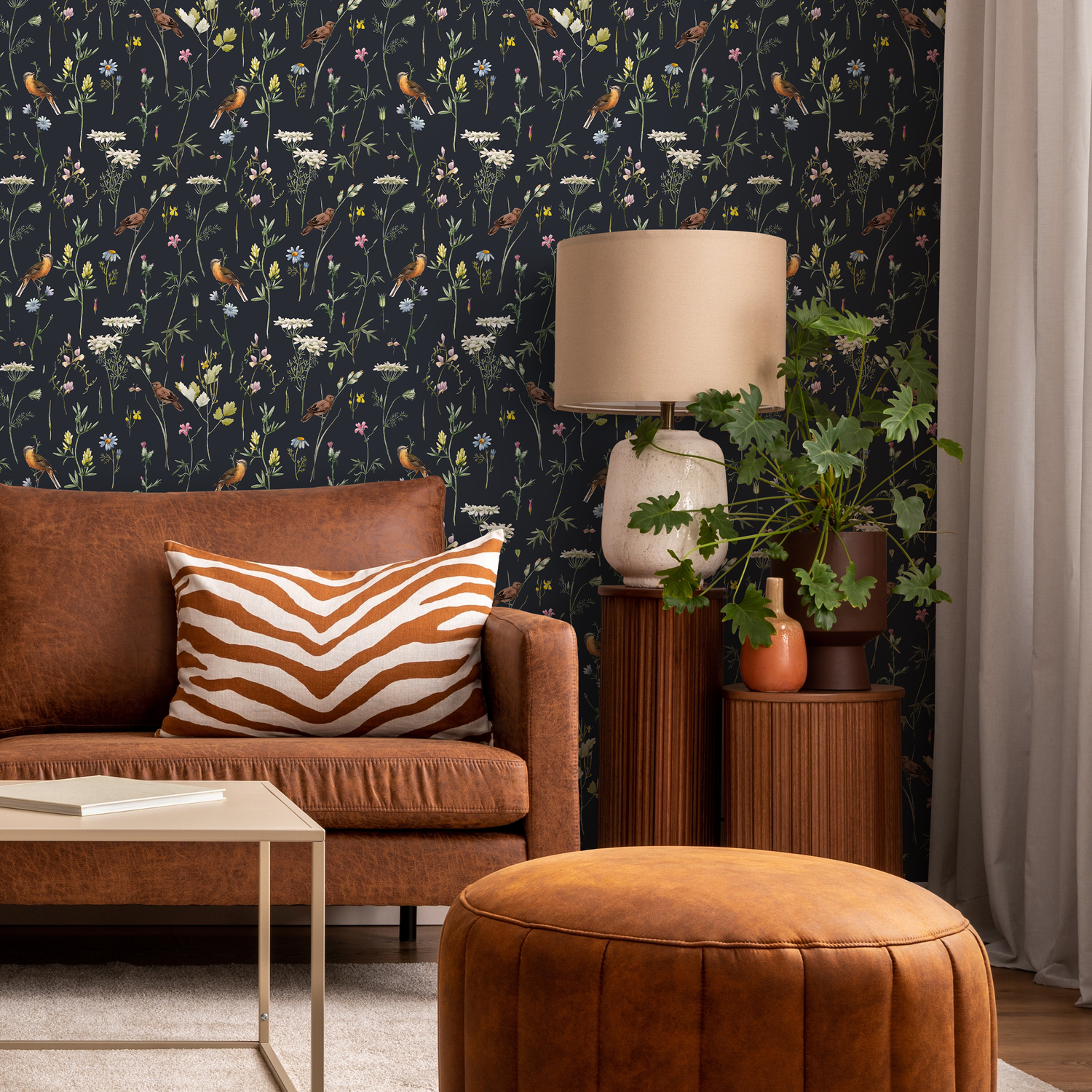 Chinoiserie Wallpaper with a Wildflower and Bird Motif in Black, White, and Yellow - A917
