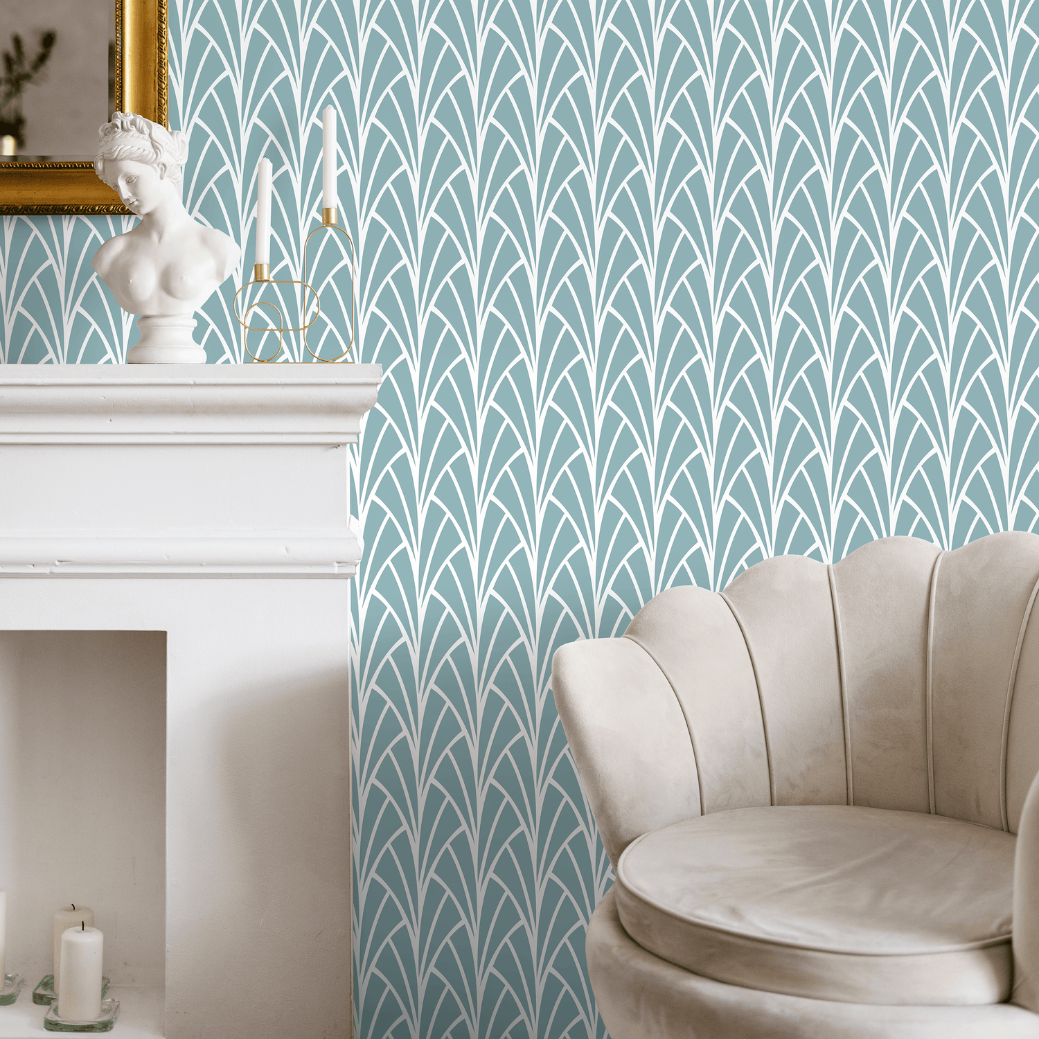 Art Deco Wallpaper with a Fanning Fronds Motif in Blue and White - A928