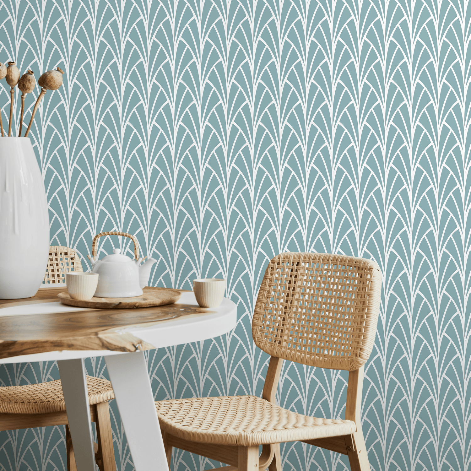 Art Deco Wallpaper with a Fanning Fronds Motif in Blue and White - A928
