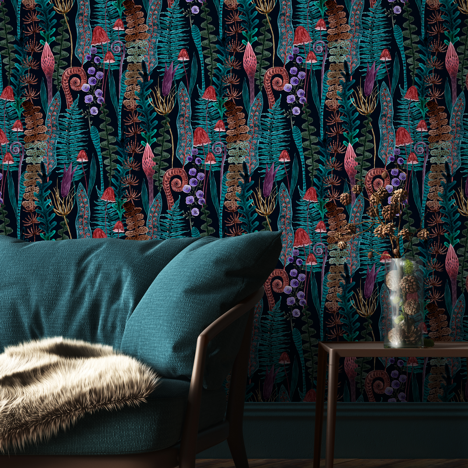 Botanical Wallpaper with Ferns and Wild Mushrooms in Teal, Brown, and Purple - A934