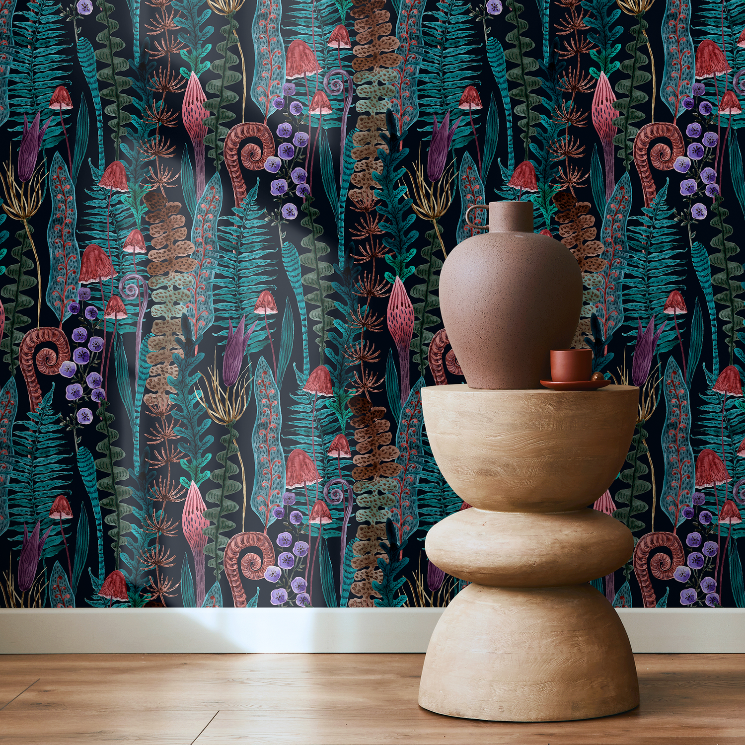 Botanical Wallpaper with Ferns and Wild Mushrooms in Teal, Brown, and Purple - A934