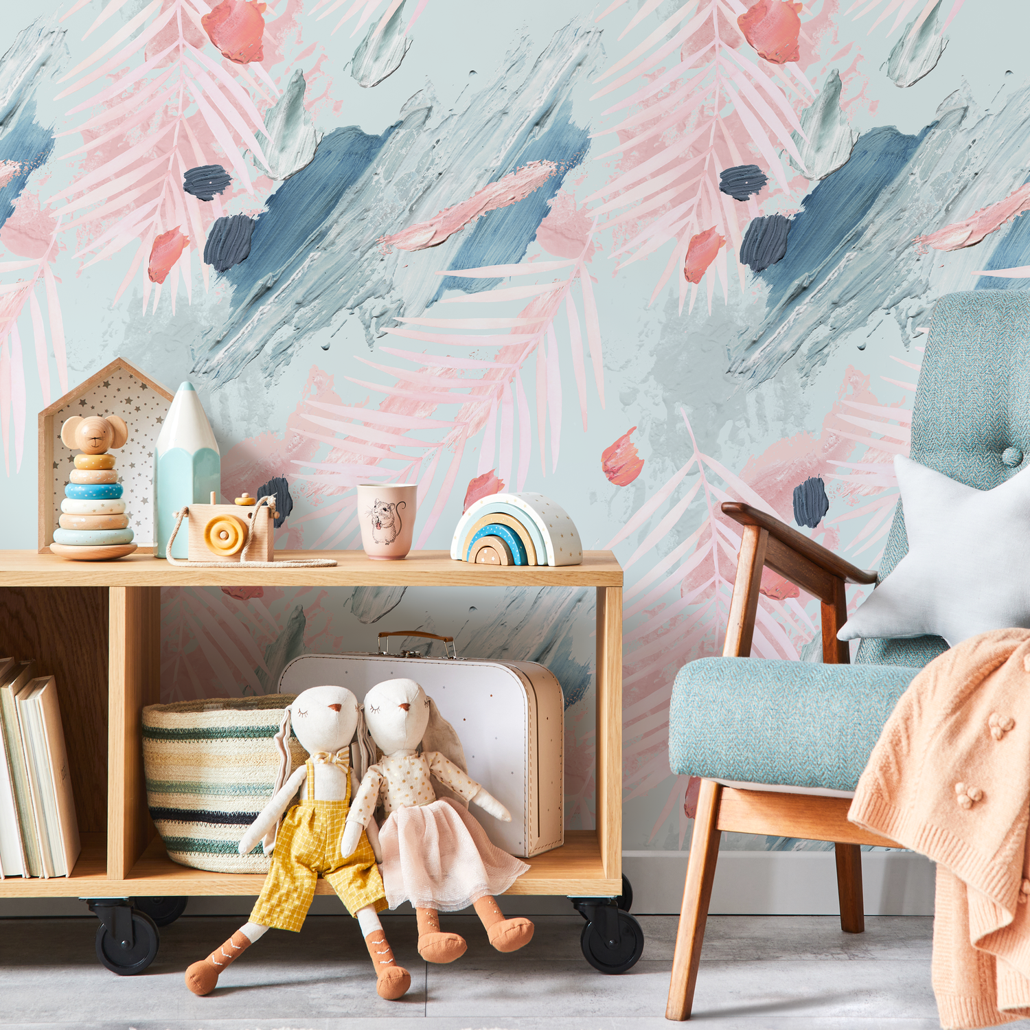 Abstract Wallpaper with Painterly Brushstrokes in Pink, Blue, and Grey - A941