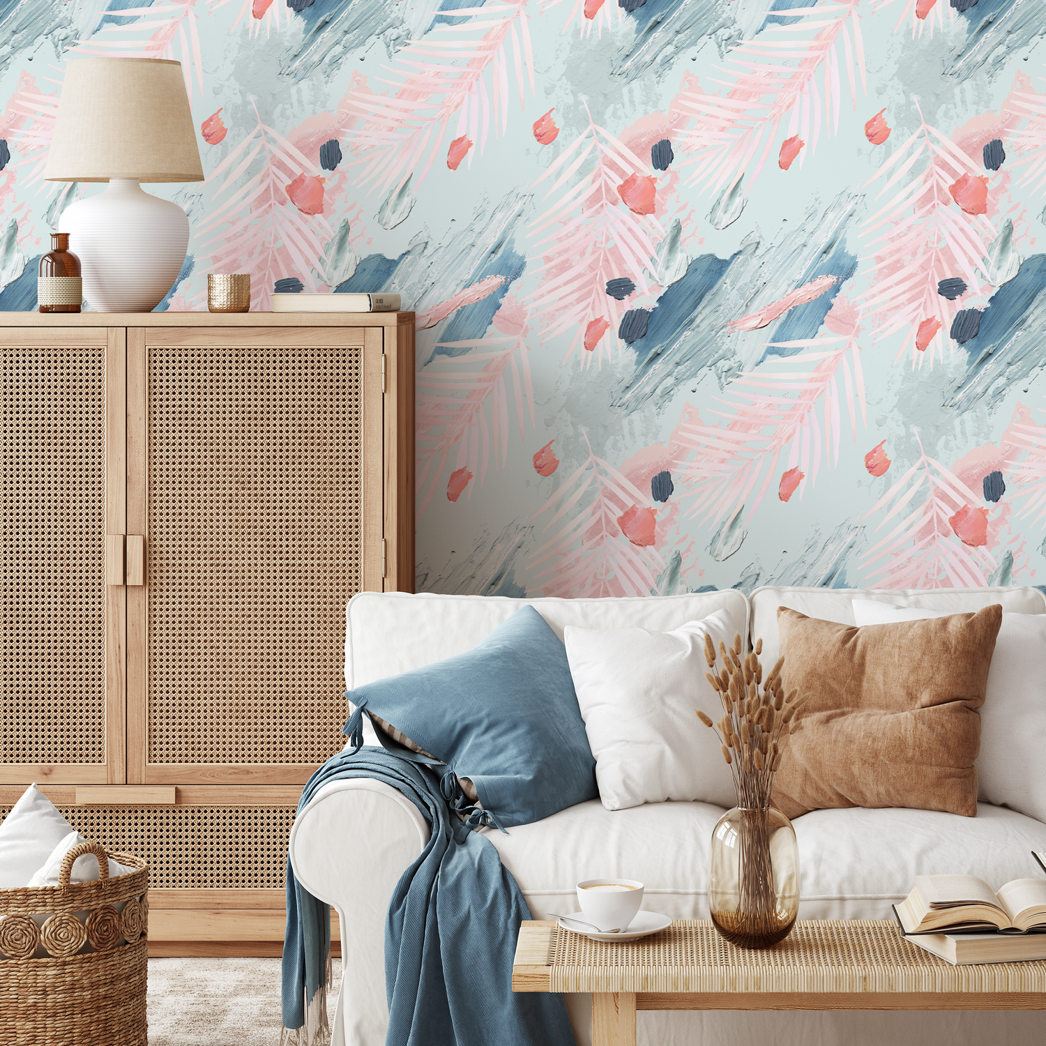 Abstract Wallpaper with Painterly Brushstrokes in Pink, Blue, and Grey - A941