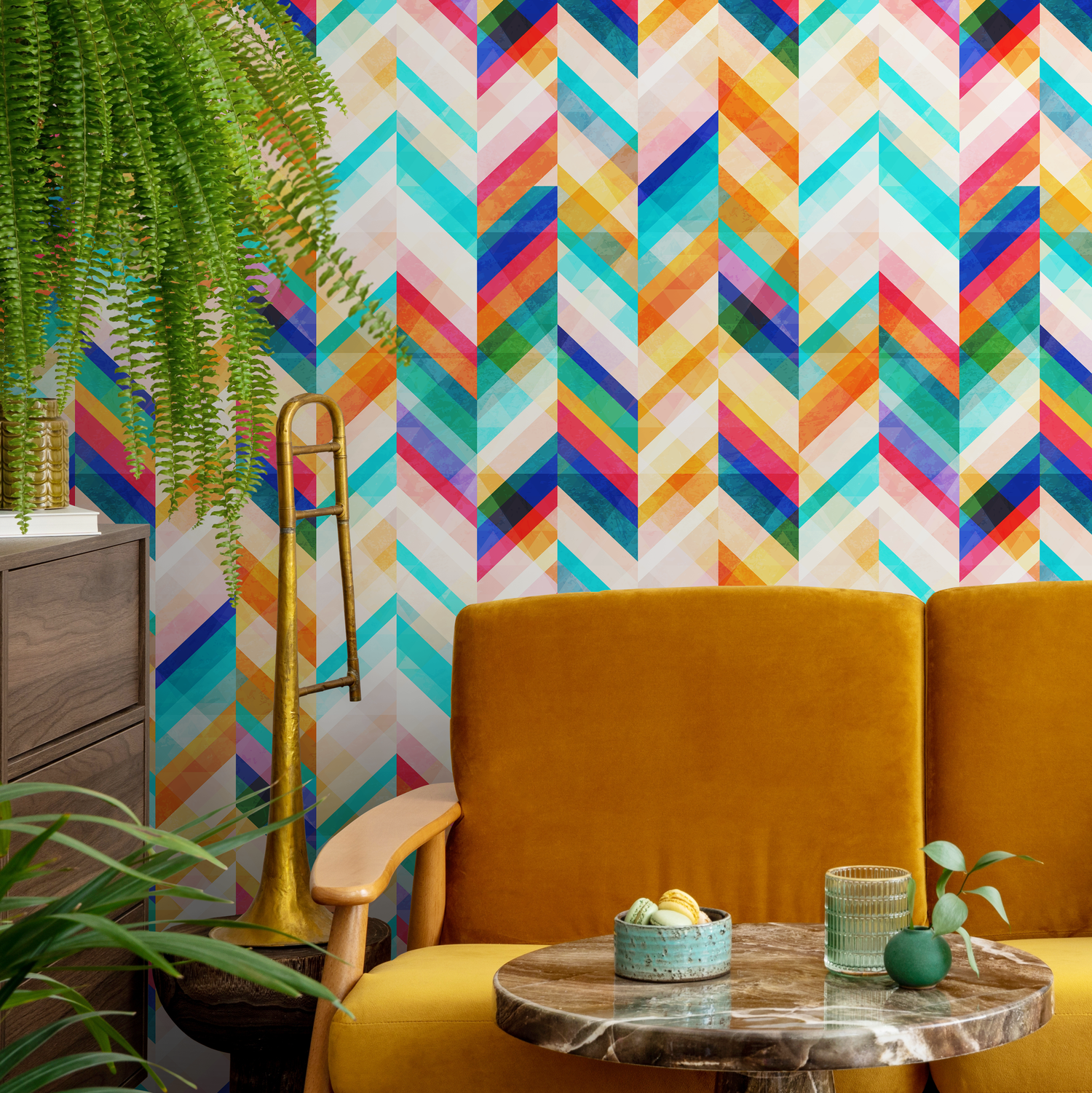 Geometric Wallpaper with a Vibrant Chevron Motif in Blue, Yellow, and Pink - A954