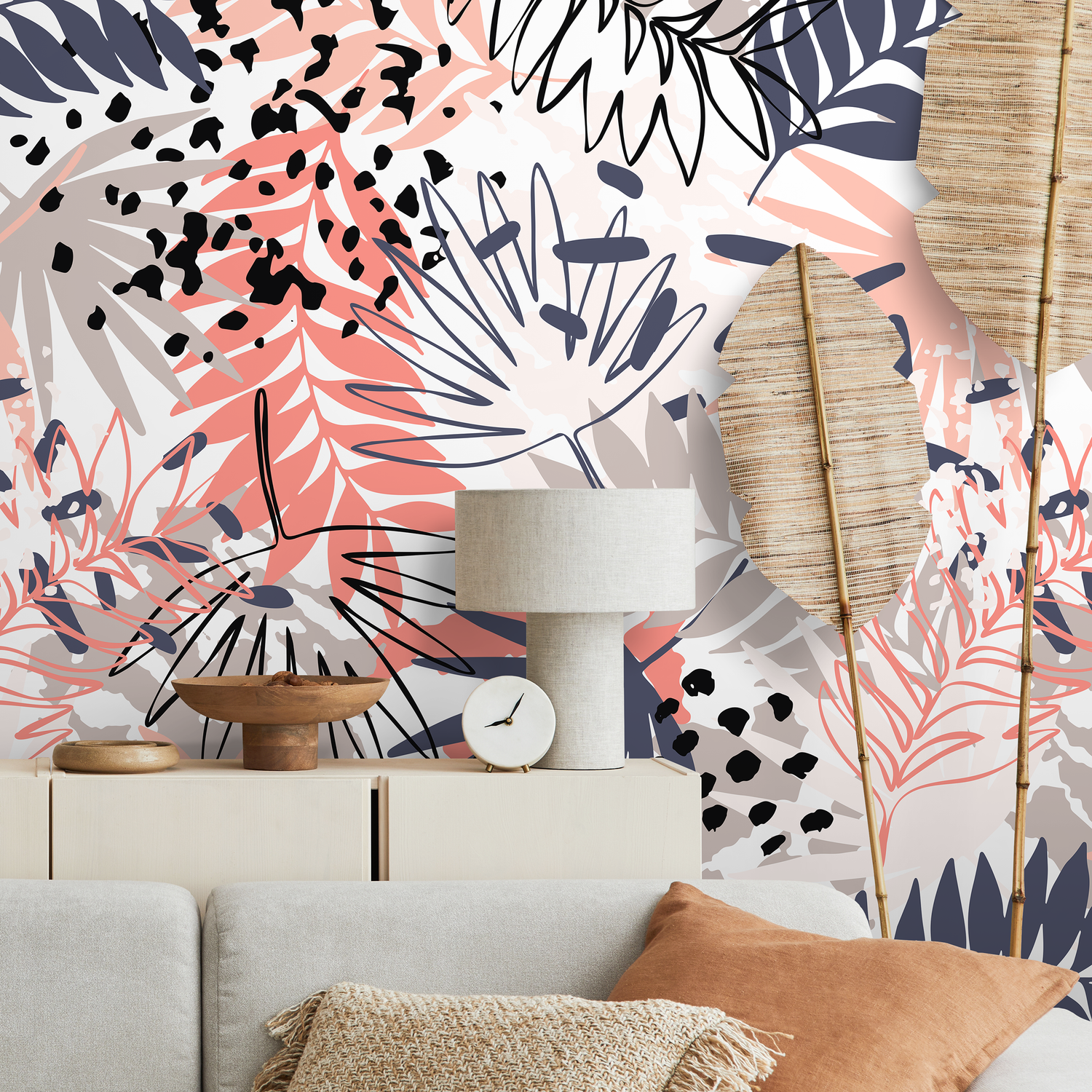 Abstract Botanical Wallpaper with Palm Leaves in Coral, Blue, and Taupe - A957